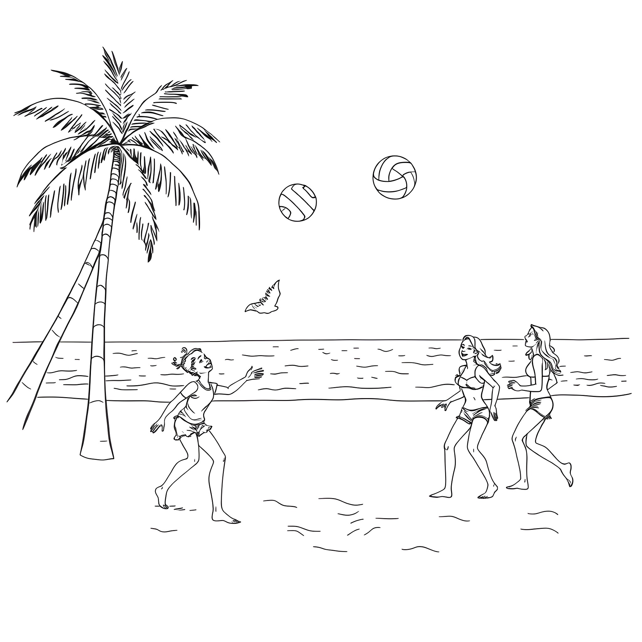 Chicks playing beach volleyball under palm tree Coloring Page (free black-and-white line drawing printable PDF for all, from beginners to advanced learners, including children, teens, adults, and seniors)