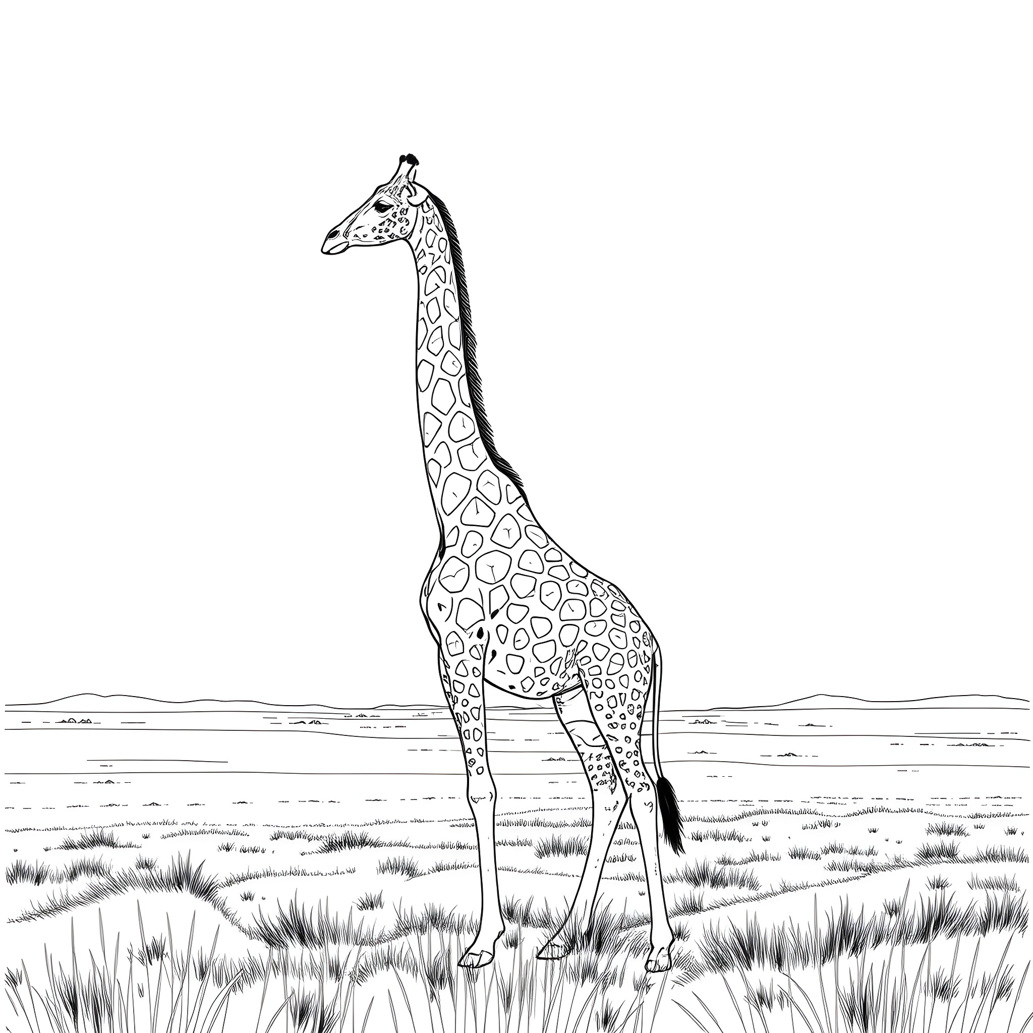 Giraffe standing tall in the African savanna Coloring Page (free black-and-white line drawing printable PDF for all, from beginners to advanced learners, including children, teens, adults, and seniors)