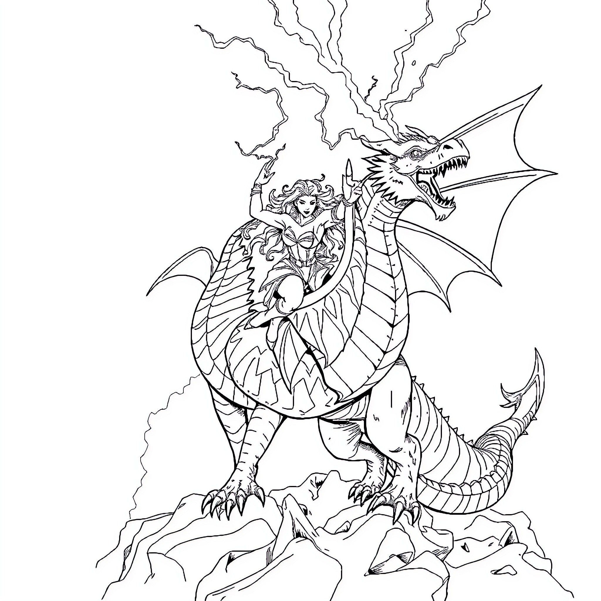 Woman riding a fearsome dragon over a rocky landscape Coloring Page (free black-and-white line drawing printable PDF for all, from beginners to advanced learners, including children, teens, adults, and seniors)