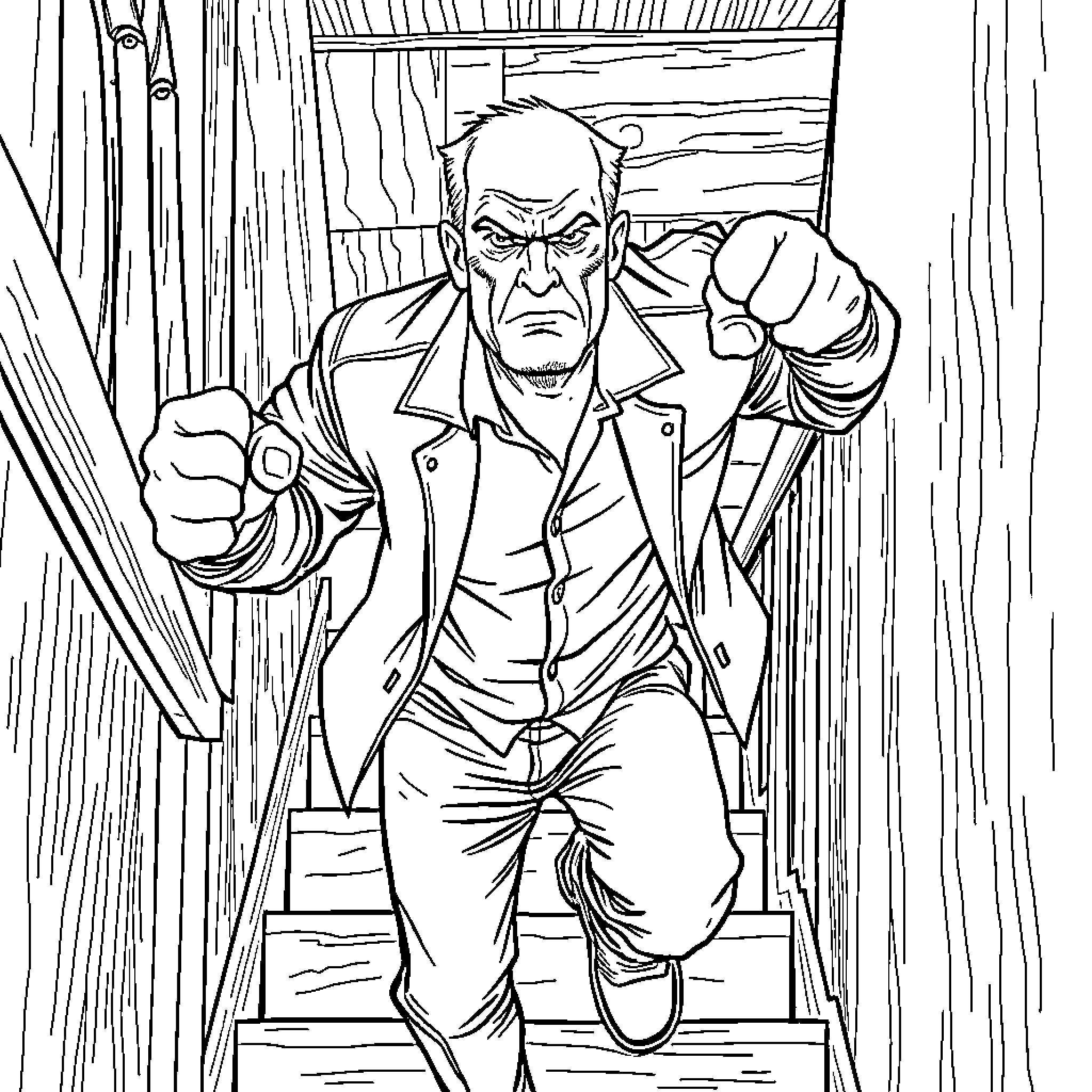 Man aggressively confronting in a tense situation Coloring Page (free black-and-white line drawing printable PDF for all, from beginners to advanced learners, including children, teens, adults, and seniors)