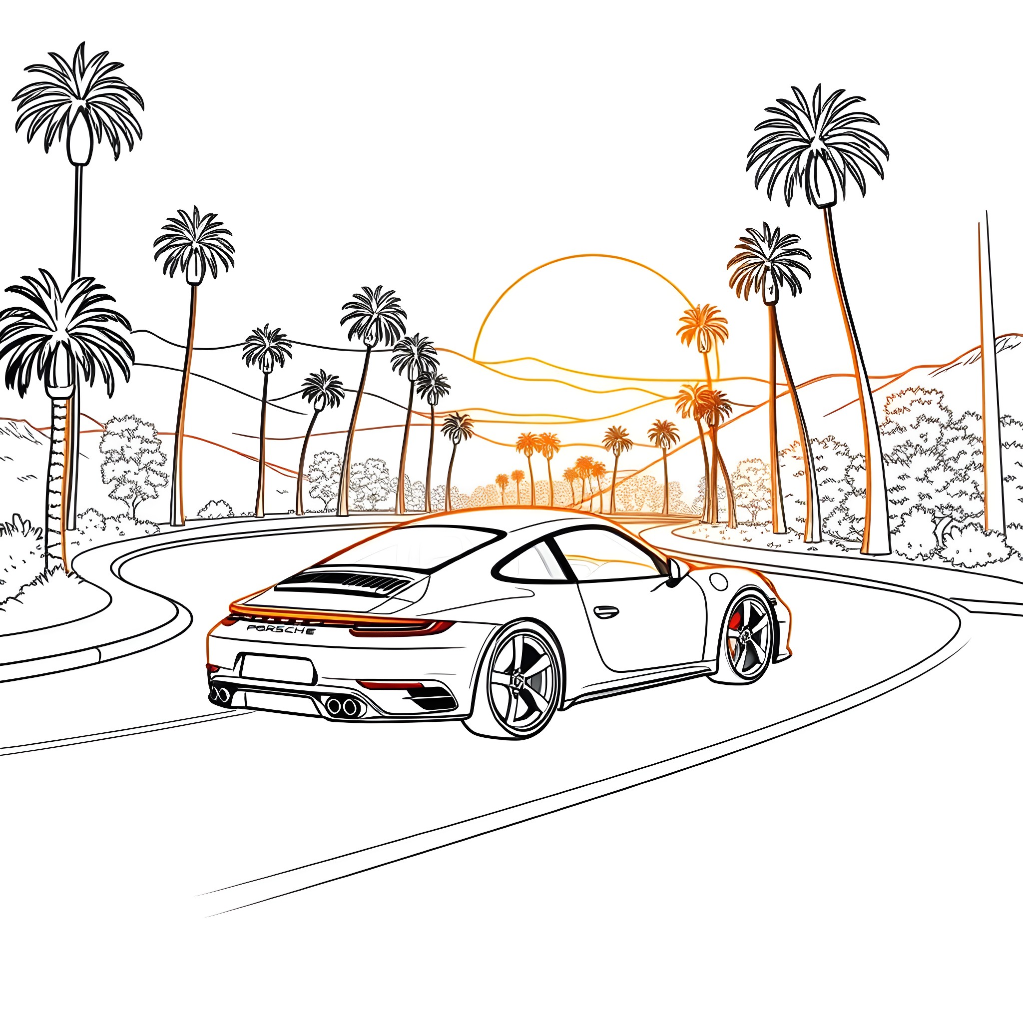 Porsche sports car on scenic coastal road Coloring Page (free black-and-white line drawing printable PDF for all, from beginners to advanced learners, including children, teens, adults, and seniors)