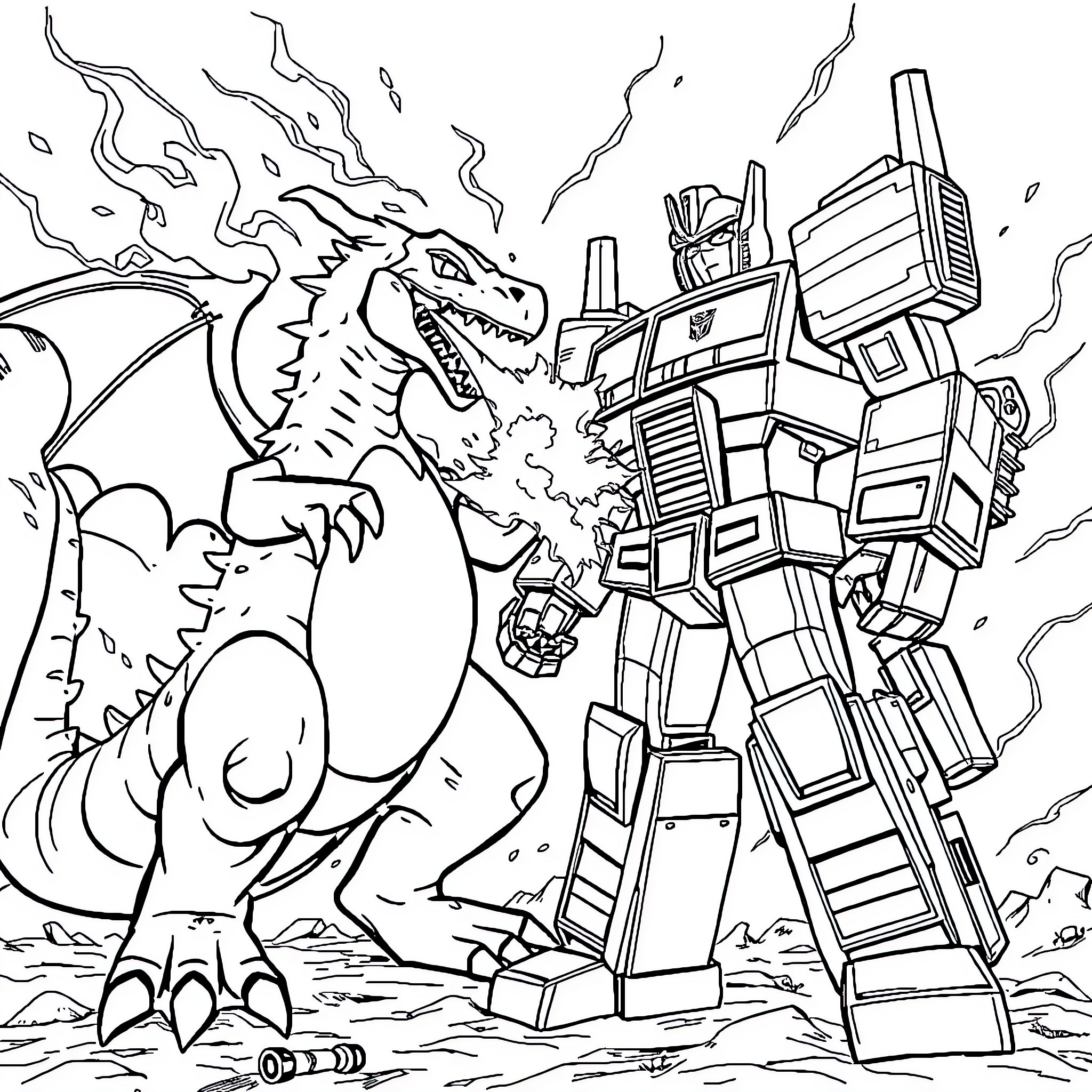 Charizard facing off against a giant robot Coloring Page (free black-and-white line drawing printable PDF for all, from beginners to advanced learners, including children, teens, adults, and seniors)
