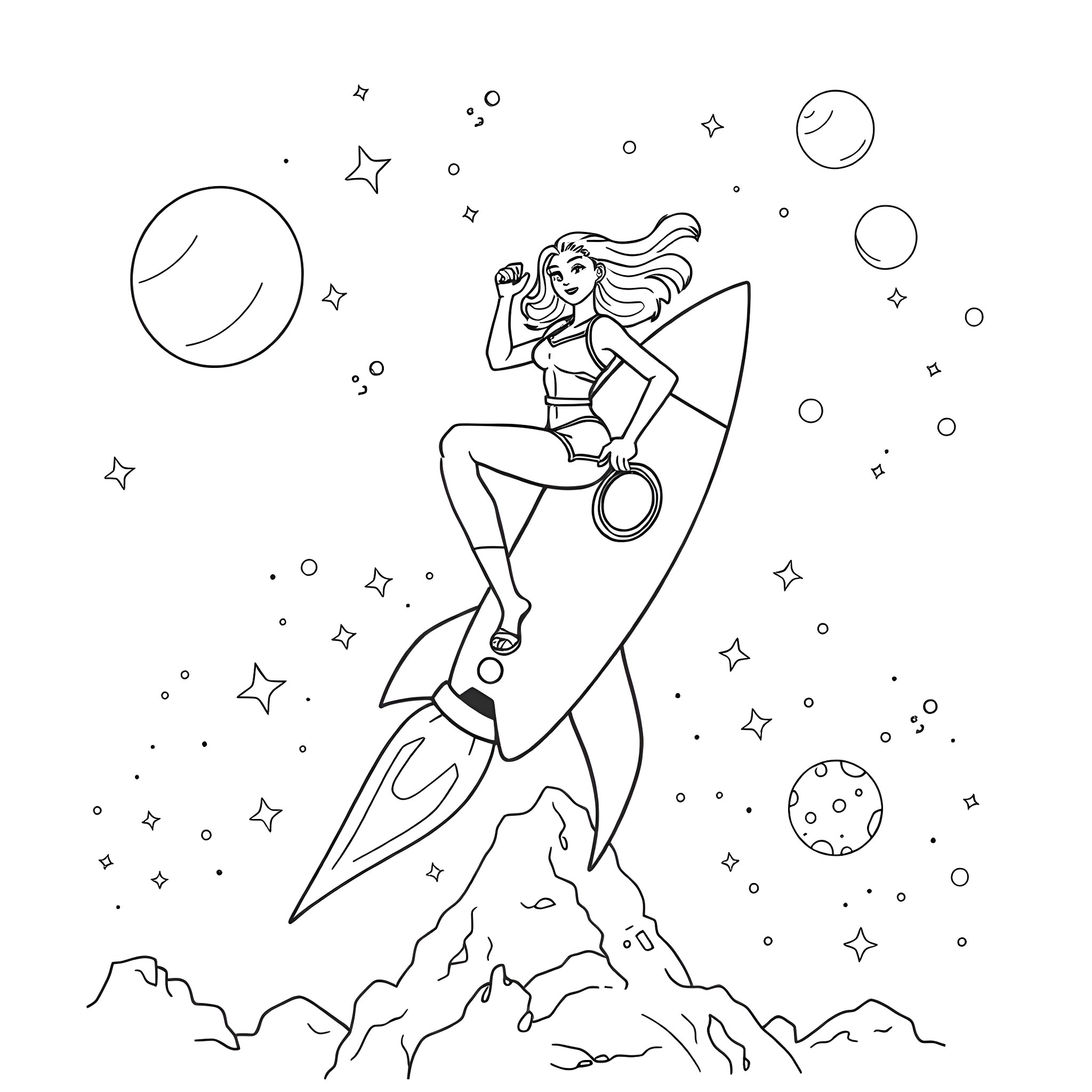 Woman riding on a rocket in outer space Coloring Page (free black-and-white line drawing printable PDF for all, from beginners to advanced learners, including children, teens, adults, and seniors)