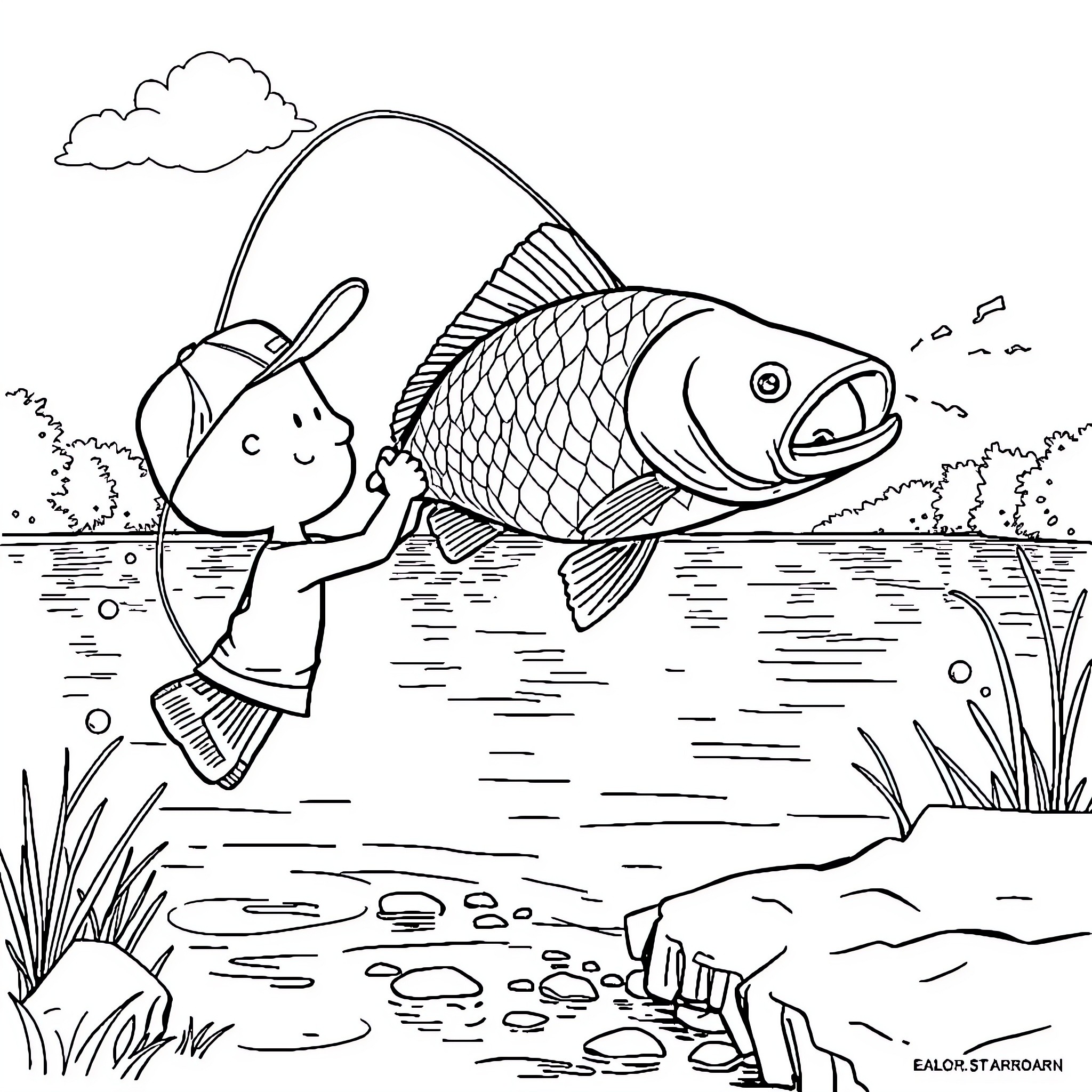 Peanut's Fishing Adventure Coloring Page (free black-and-white line drawing printable PDF for all, from beginners to advanced learners, including children, teens, adults, and seniors)