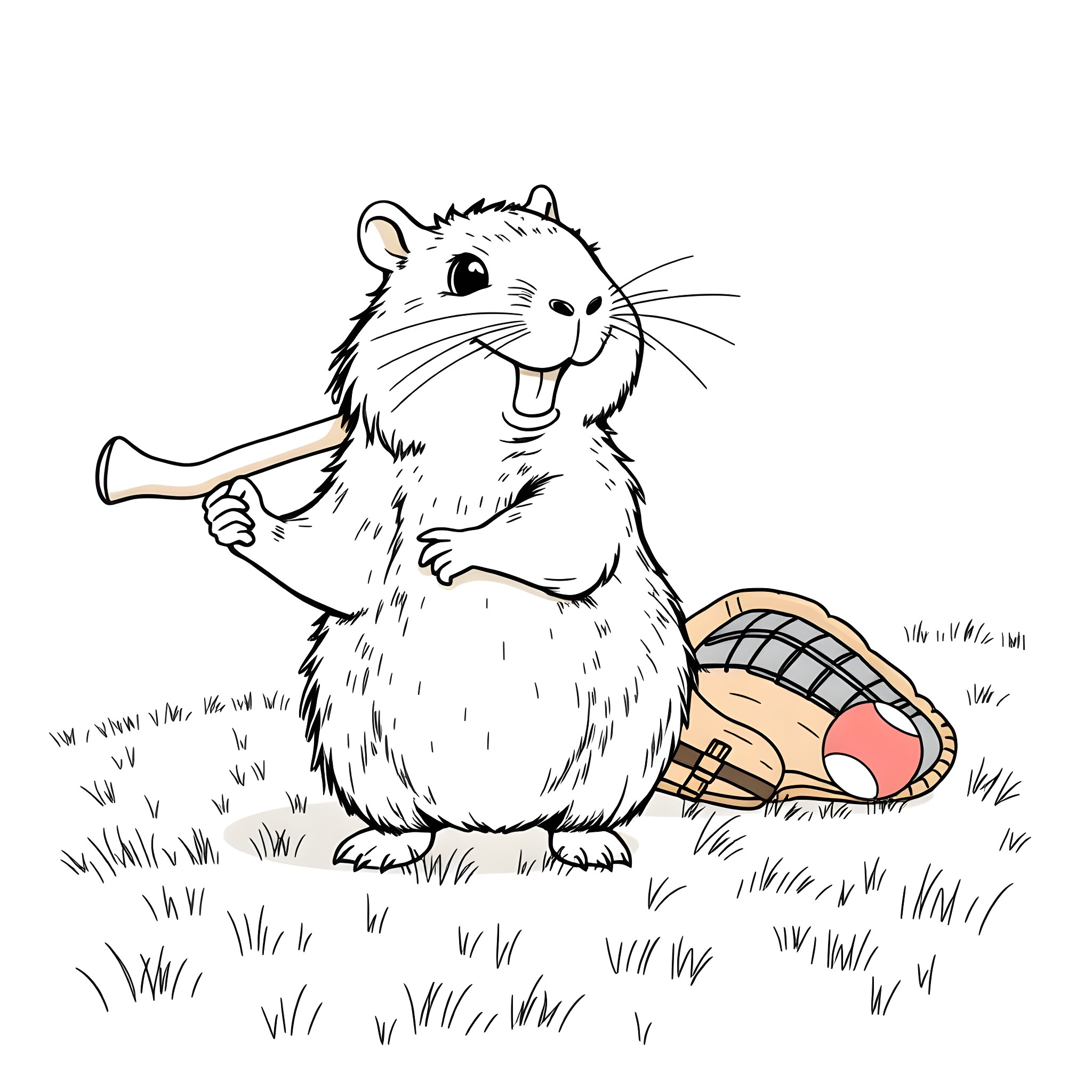 Capybara happily playing with a stick in the grass Coloring Page (free black-and-white line drawing printable PDF for all, from beginners to advanced learners, including children, teens, adults, and seniors)