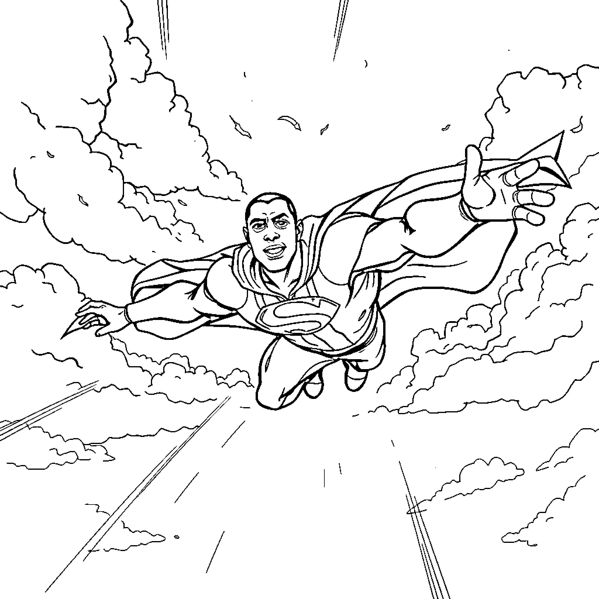 Superman soaring through the cloudy sky Coloring Page (free black-and-white line drawing printable PDF for all, from beginners to advanced learners, including children, teens, adults, and seniors)