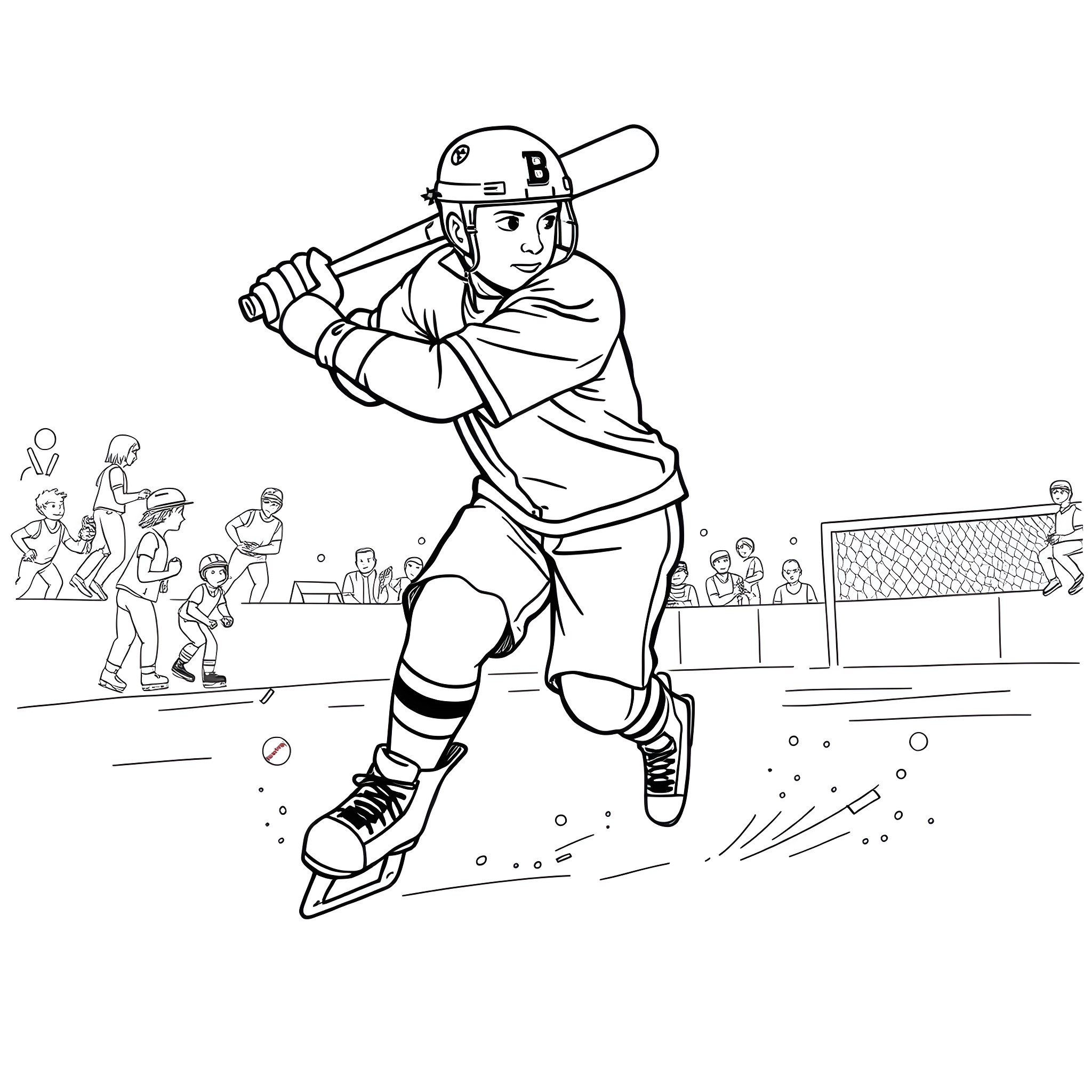 Baseball Player Batting at the Plate Coloring Page (free black-and-white line drawing printable PDF for all, from beginners to advanced learners, including children, teens, adults, and seniors)