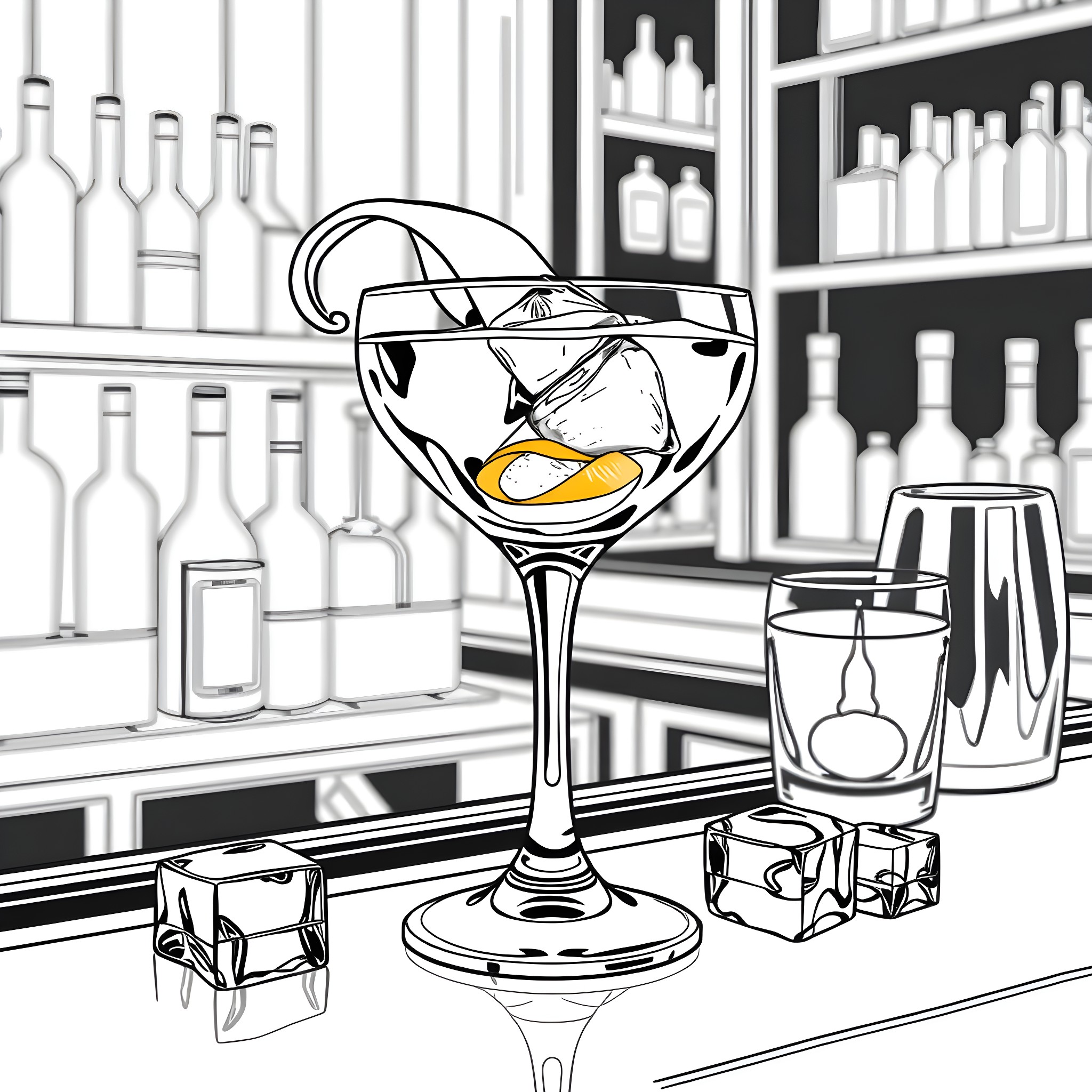 Negroni cocktail in bar setting Coloring Page (free black-and-white line drawing printable PDF for all, from beginners to advanced learners, including children, teens, adults, and seniors)