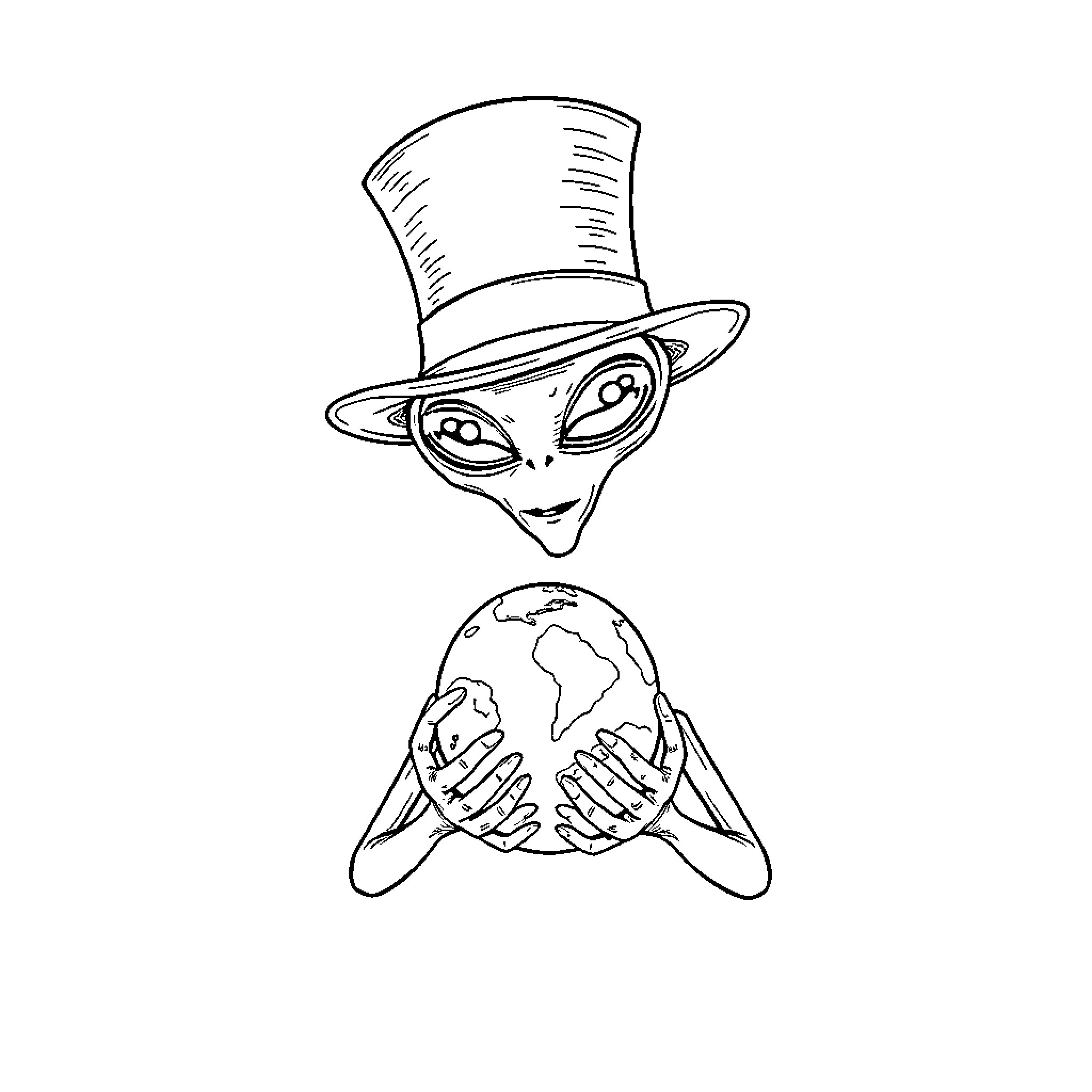 Alien in top hat gazes at planet Earth Coloring Page (free black-and-white line drawing printable PDF for all, from beginners to advanced learners, including children, teens, adults, and seniors)