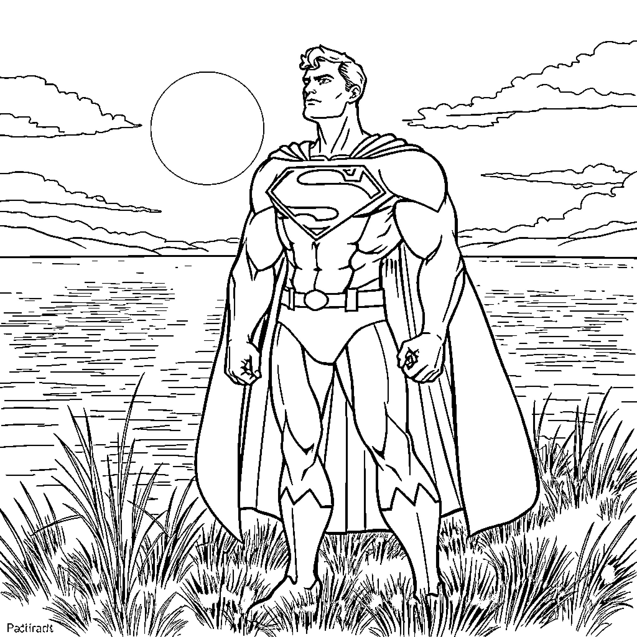 Superman in heroic stance against nature backdrop Coloring Page (free black-and-white line drawing printable PDF for all, from beginners to advanced learners, including children, teens, adults, and seniors)