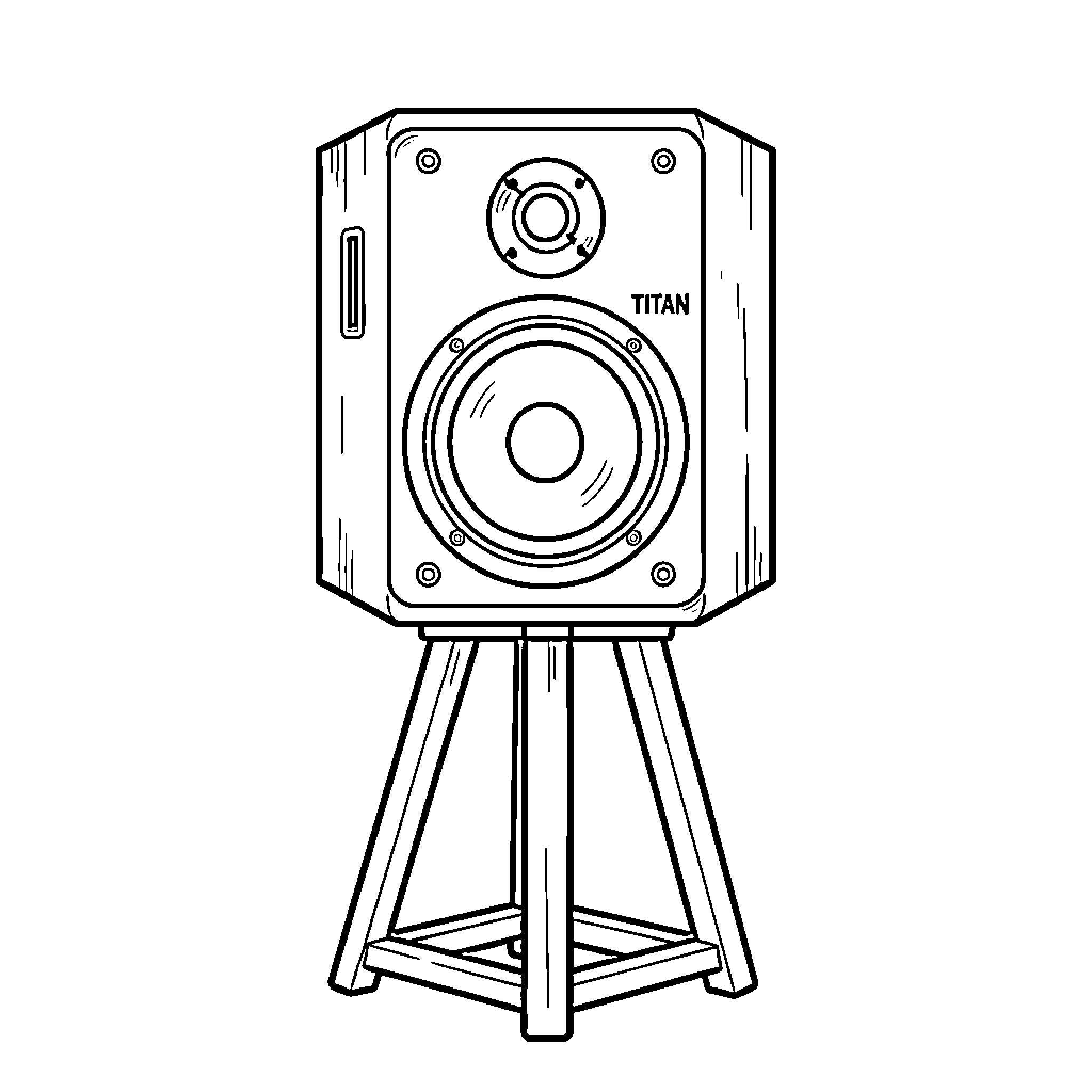 Titan speaker standing on a tall tripod stand Coloring Page (free black-and-white line drawing printable PDF for all, from beginners to advanced learners, including children, teens, adults, and seniors)