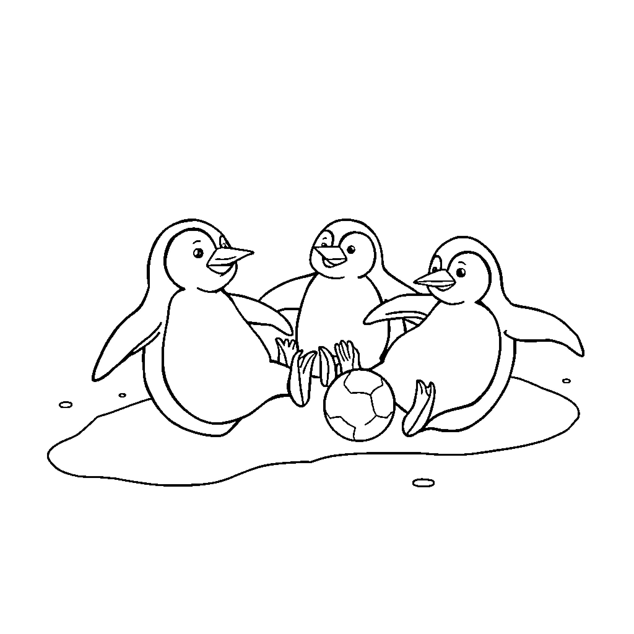 Penguins playing with soccer ball on snow Coloring Page (free black-and-white line drawing printable PDF for all, from beginners to advanced learners, including children, teens, adults, and seniors)
