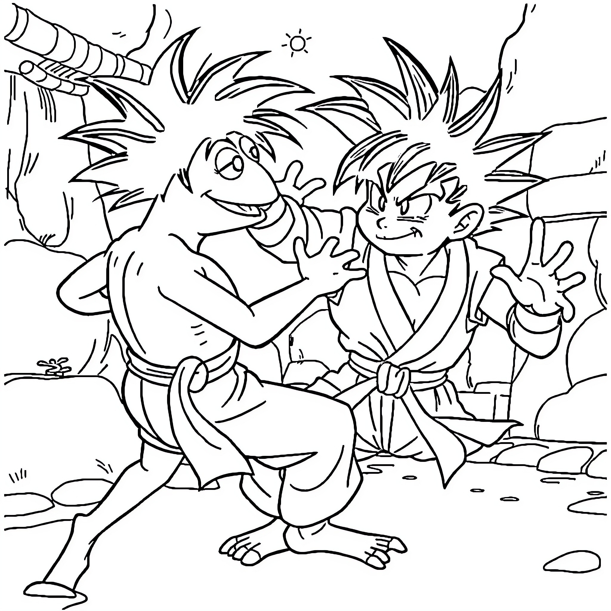 Kermit and Goku in Animated Adventure Coloring Page (free black-and-white line drawing printable PDF for all, from beginners to advanced learners, including children, teens, adults, and seniors)
