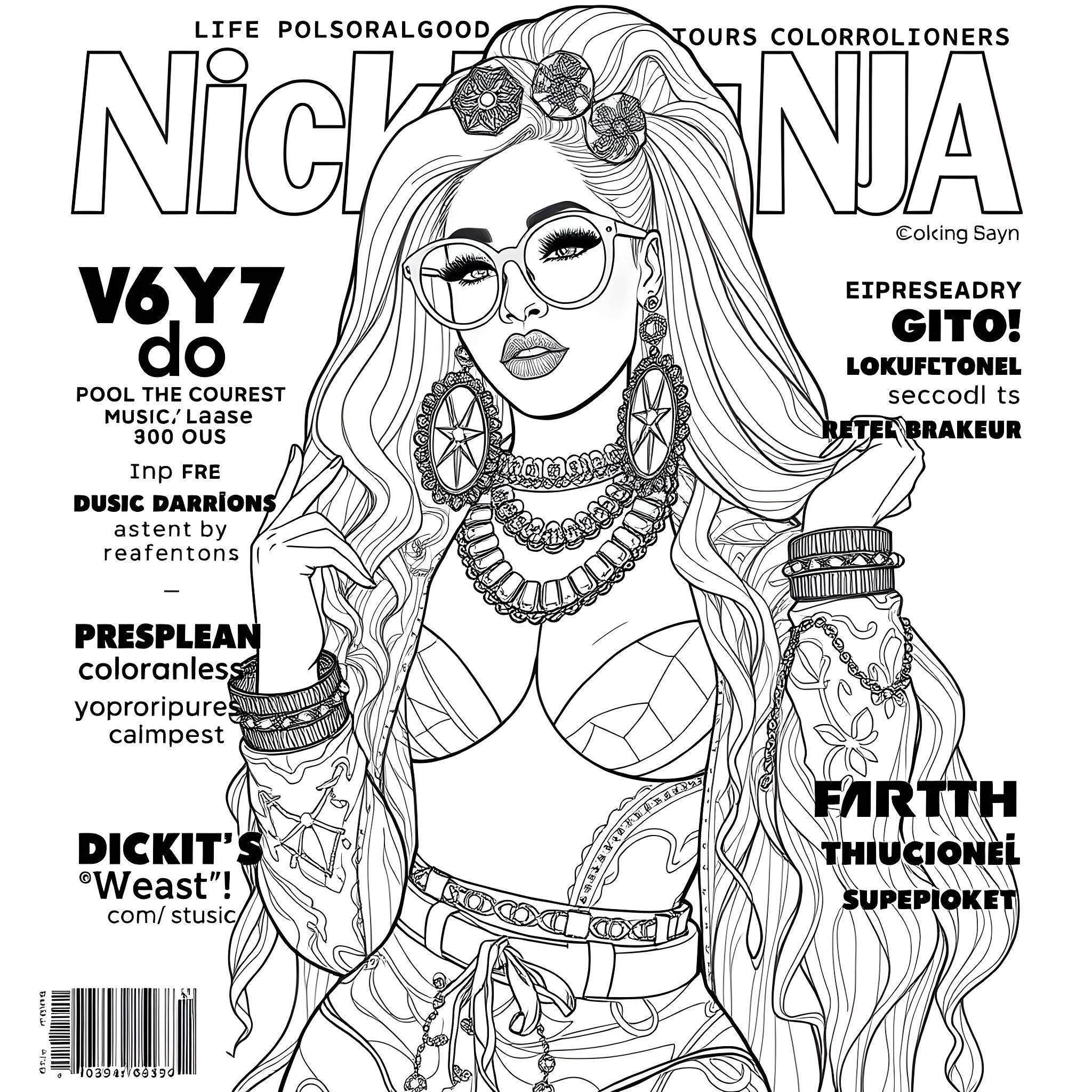 Nicki Minaj's Vibrant and Colorful Fashion Showcase Coloring Page (free black-and-white line drawing printable PDF for all, from beginners to advanced learners, including children, teens, adults, and seniors)
