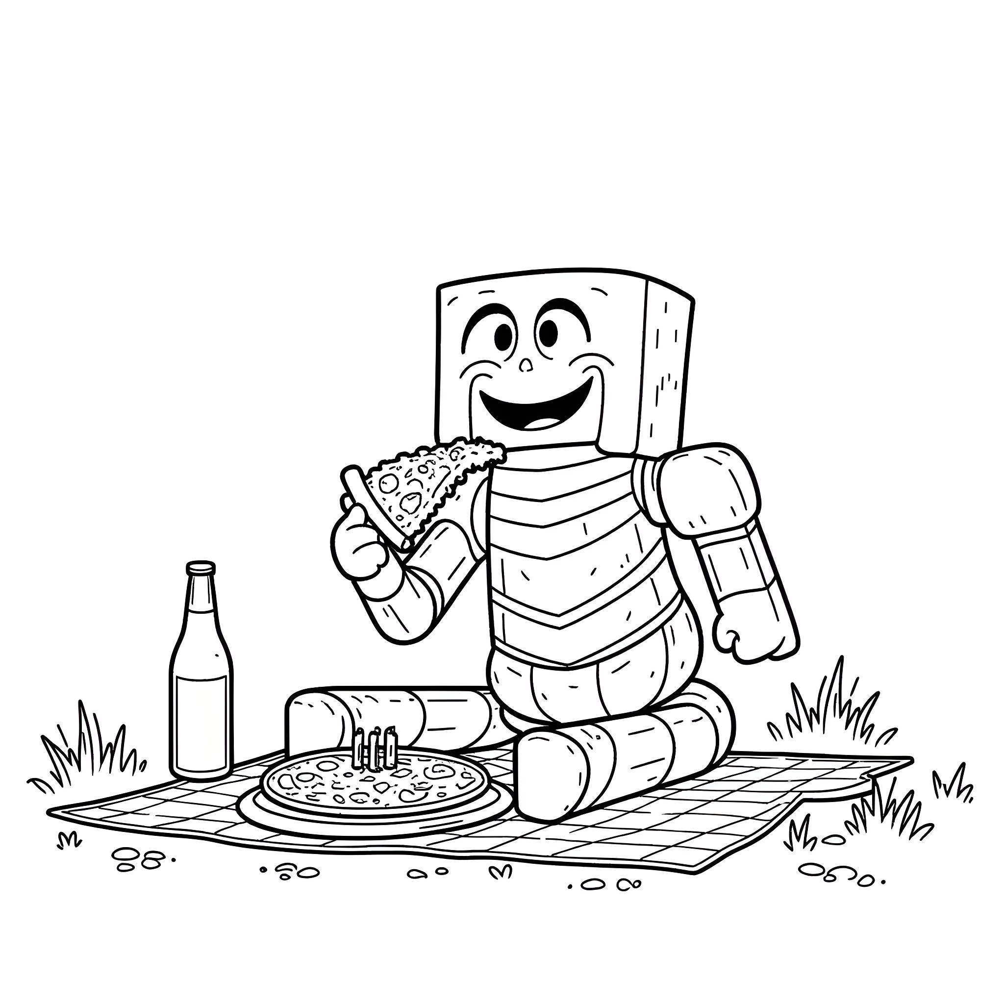 Iron Golem enjoying a picnic with pizza and soda Coloring Page (free black-and-white line drawing printable PDF for all, from beginners to advanced learners, including children, teens, adults, and seniors)