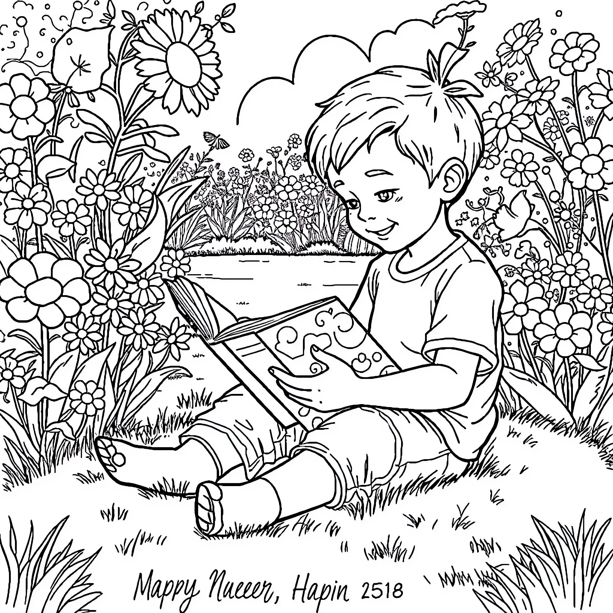 Boy enjoying a nature scene with flowers Coloring Page (free black-and-white line drawing printable PDF for all, from beginners to advanced learners, including children, teens, adults, and seniors)