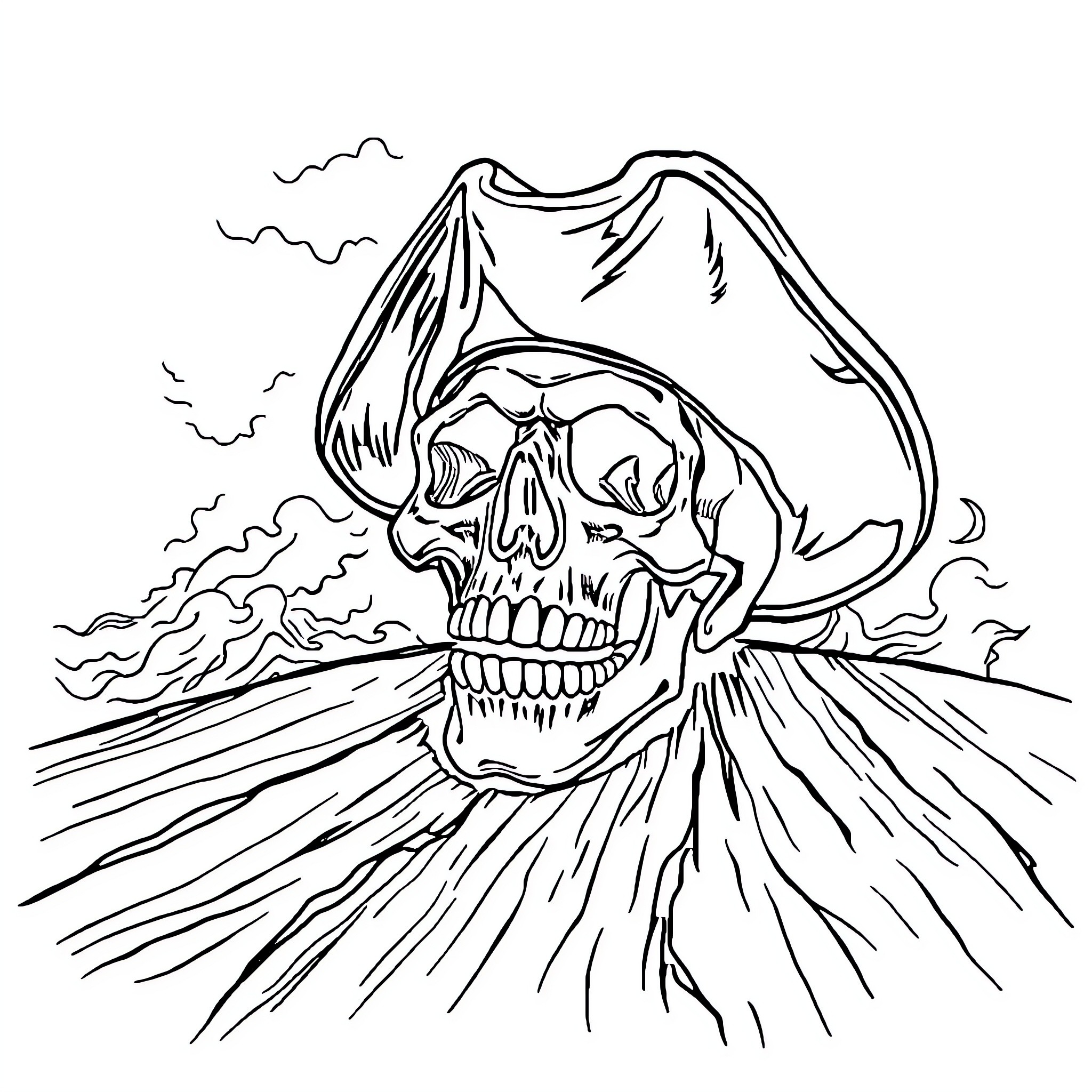 Skull Emerging from Swirling Mist Coloring Page (free black-and-white line drawing printable PDF for all, from beginners to advanced learners, including children, teens, adults, and seniors)