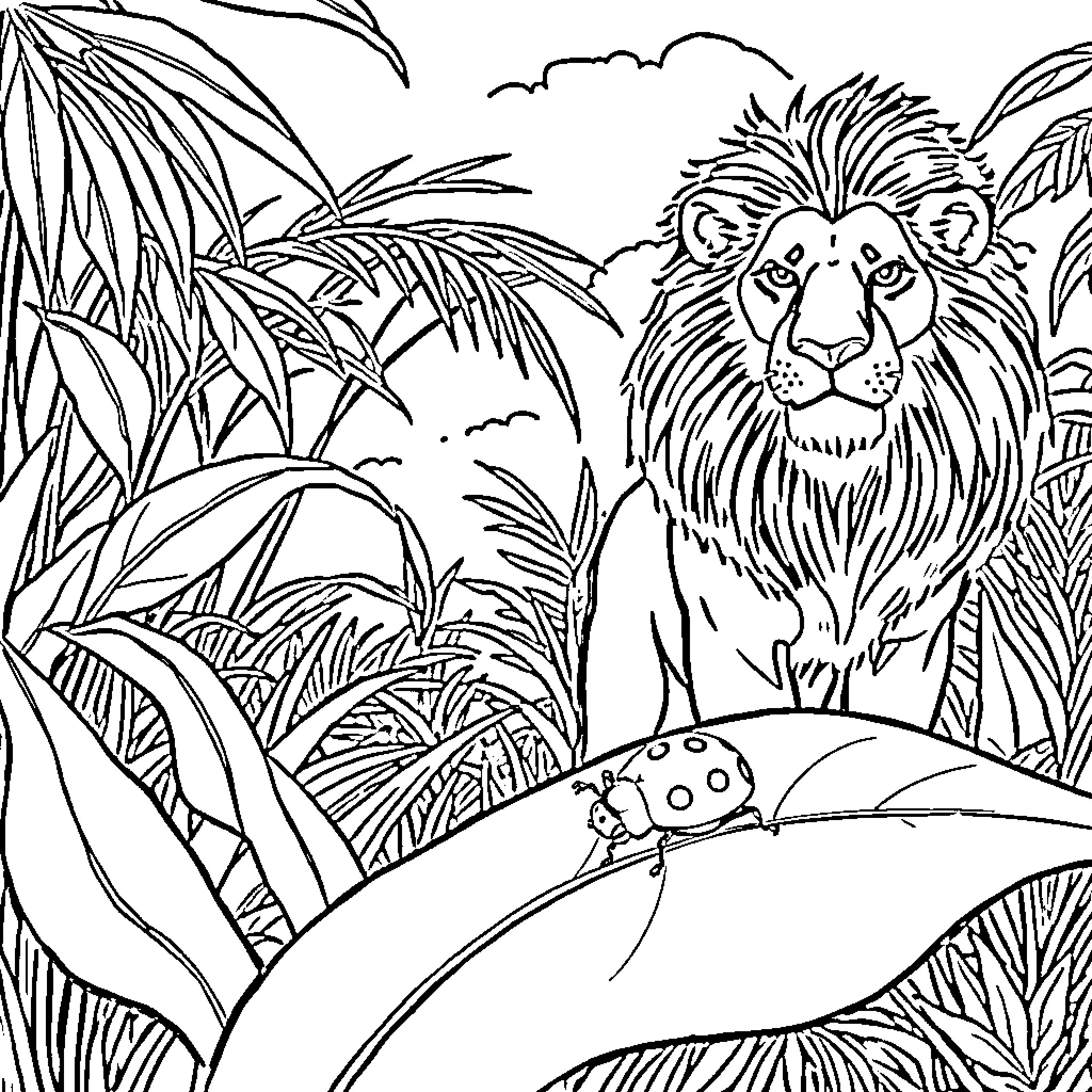 Ladybug exploring the lush jungle landscape Coloring Page (free black-and-white line drawing printable PDF for all, from beginners to advanced learners, including children, teens, adults, and seniors)