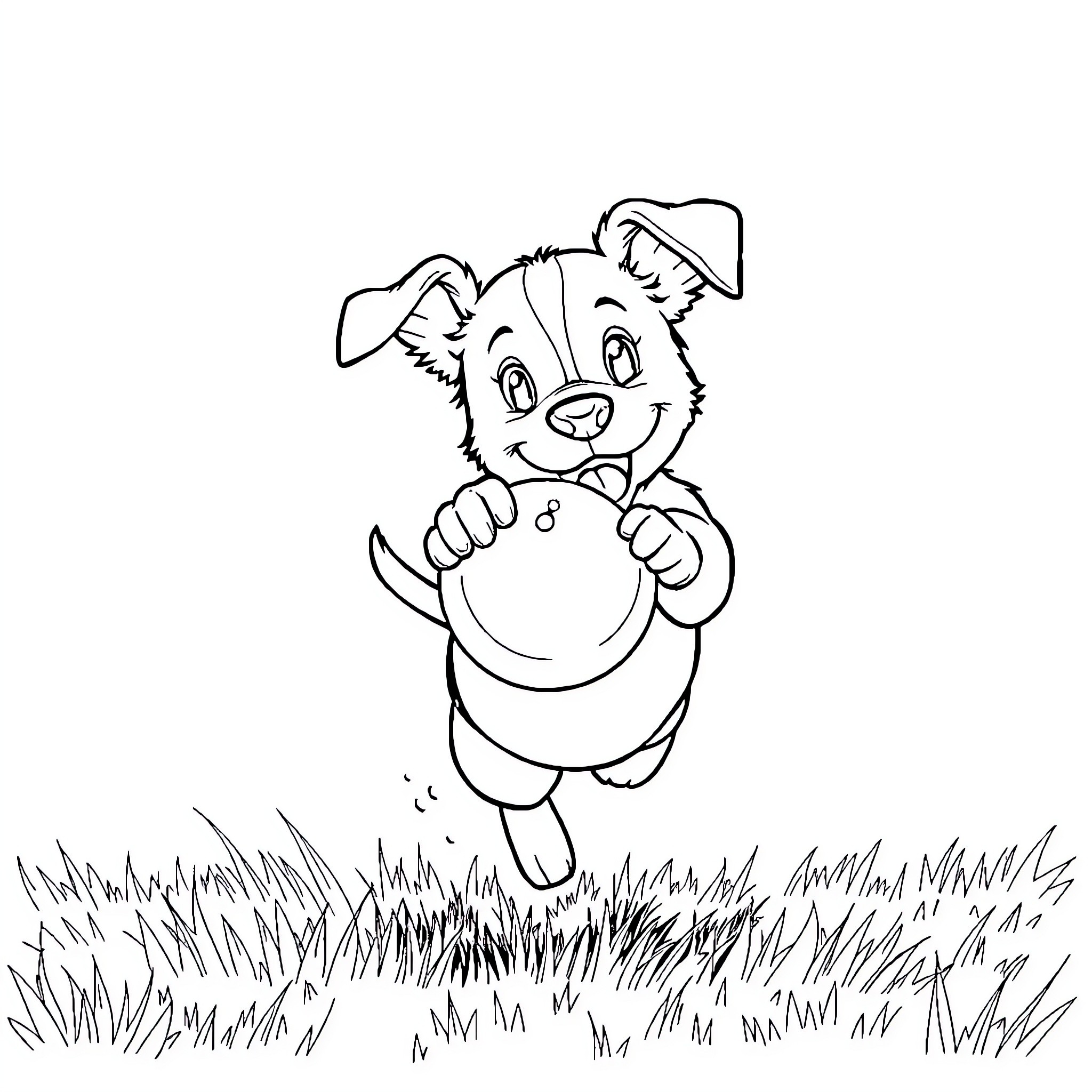 Puppy playing joyfully in the grass Coloring Page (free black-and-white line drawing printable PDF for all, from beginners to advanced learners, including children, teens, adults, and seniors)