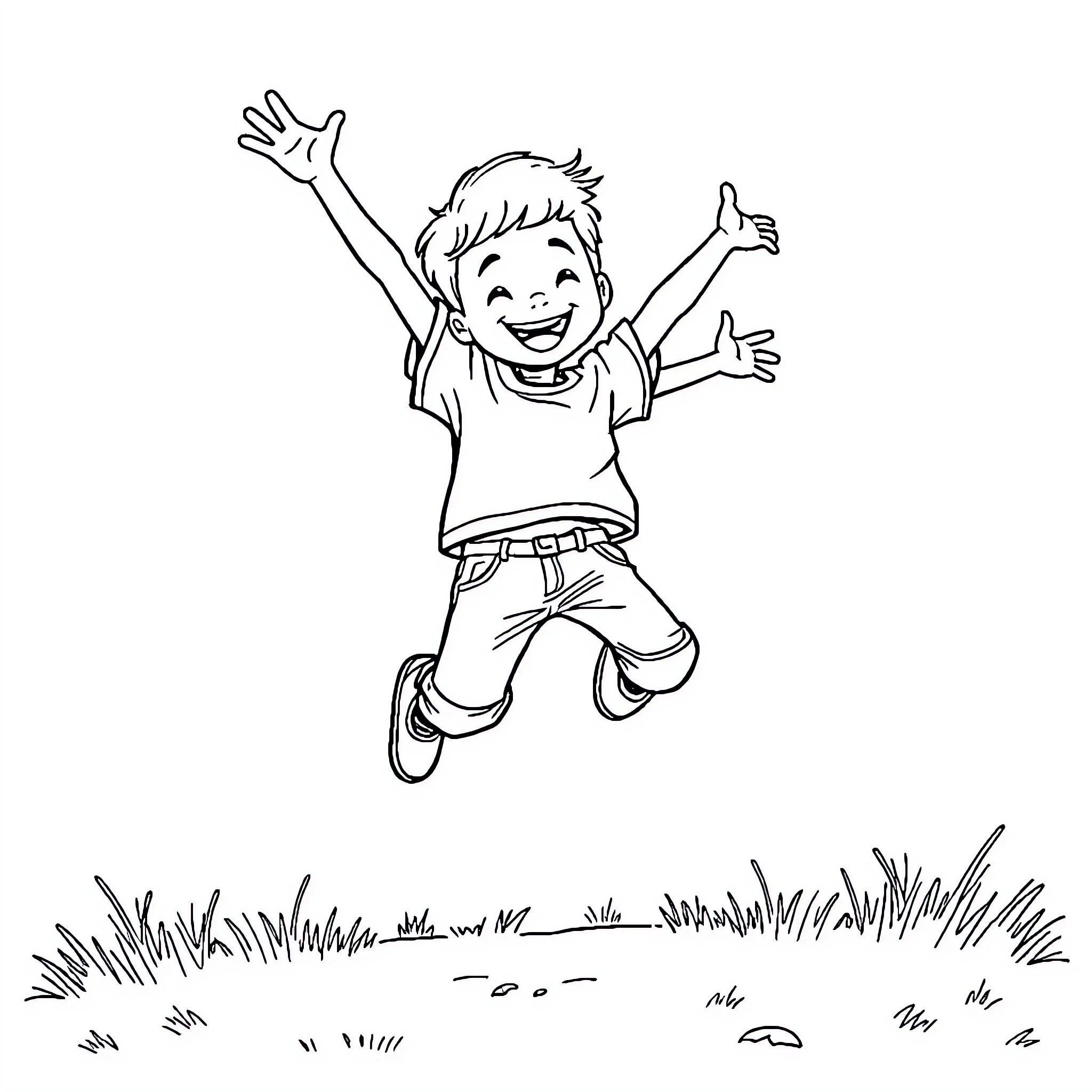 Brother jumps with joy in the meadow Coloring Page (free black-and-white line drawing printable PDF for all, from beginners to advanced learners, including children, teens, adults, and seniors)