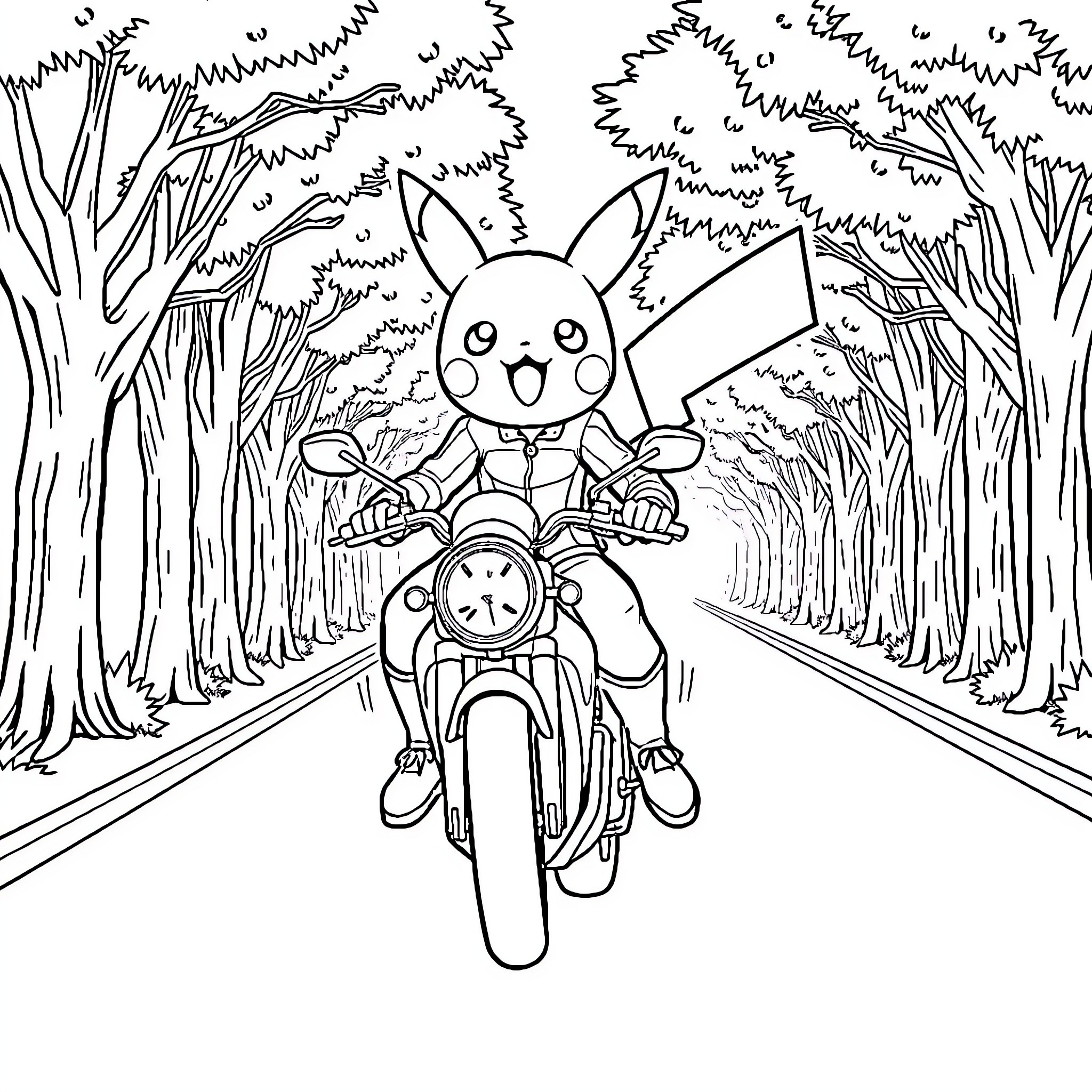 Pikapool speeding through the forest on a motorcycle Coloring Page (free black-and-white line drawing printable PDF for all, from beginners to advanced learners, including children, teens, adults, and seniors)