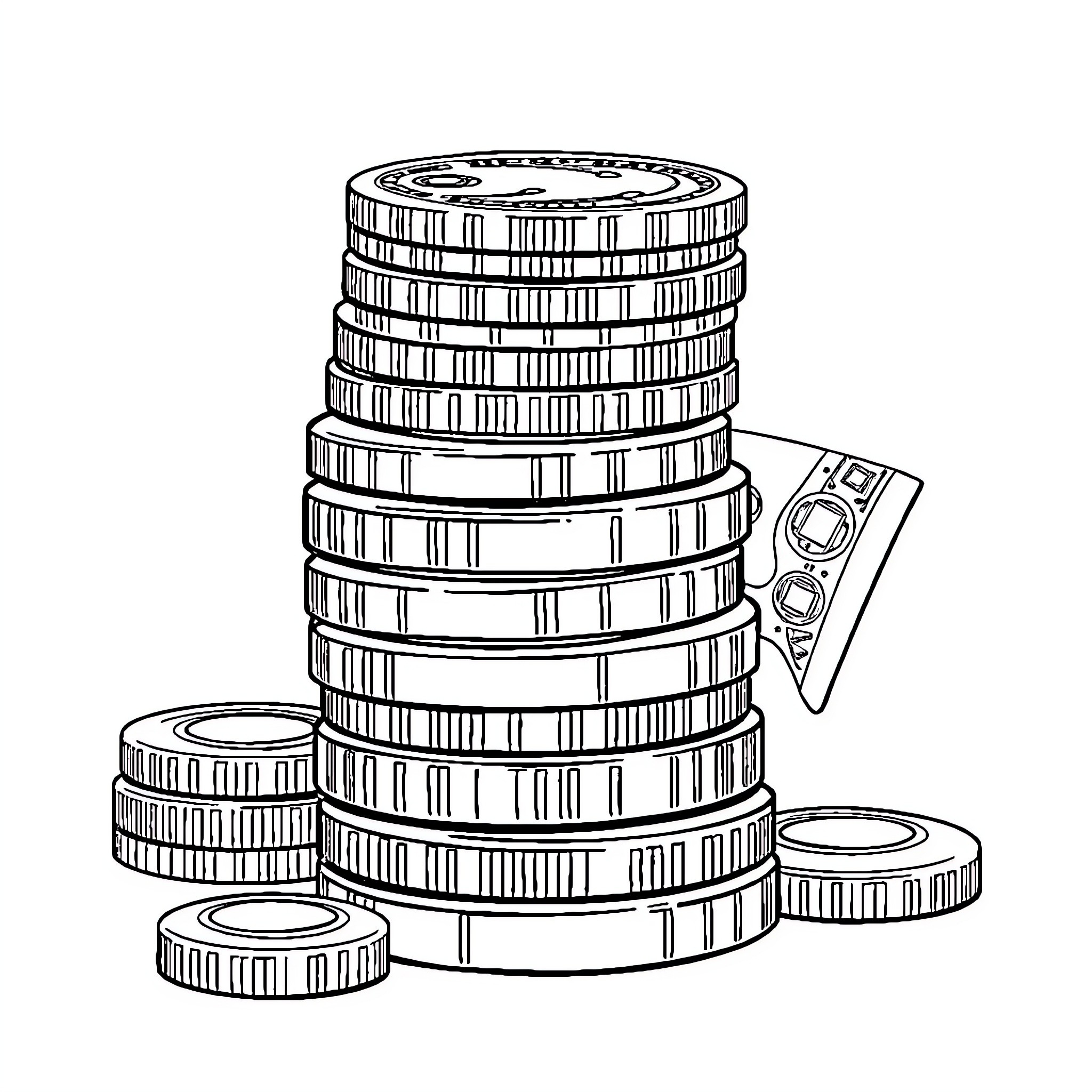 Money piled up in stacks and rolls Coloring Page (free black-and-white line drawing printable PDF for all, from beginners to advanced learners, including children, teens, adults, and seniors)