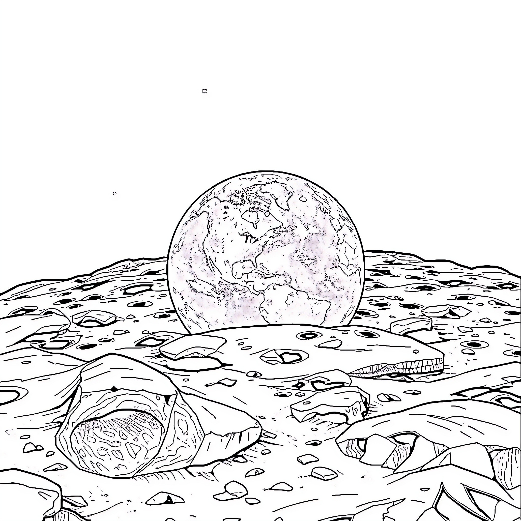 Moon overlooking the lunar landscape Coloring Page (free black-and-white line drawing printable PDF for all, from beginners to advanced learners, including children, teens, adults, and seniors)
