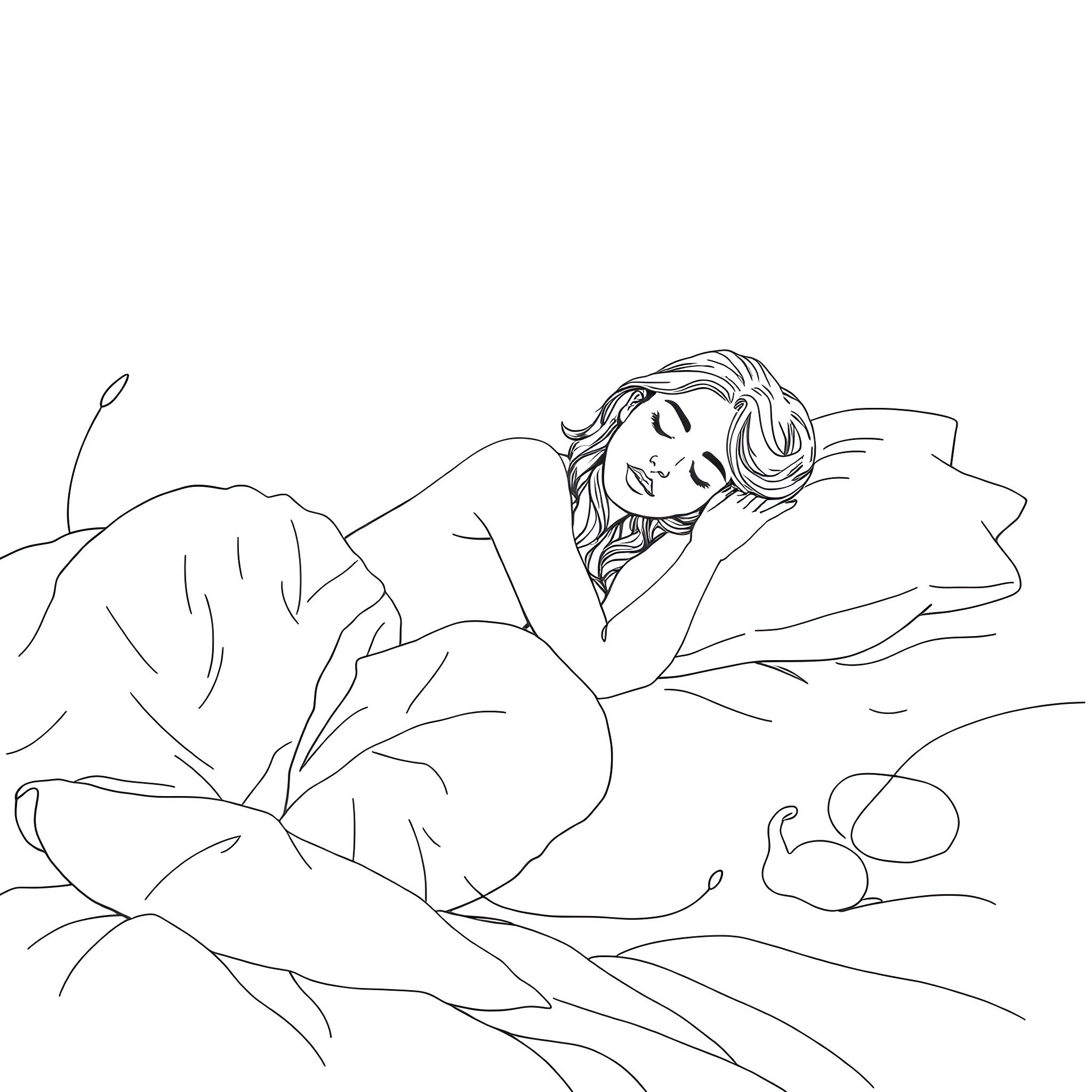 Lady resting peacefully on the bed Coloring Page (free black-and-white line drawing printable PDF for all, from beginners to advanced learners, including children, teens, adults, and seniors)