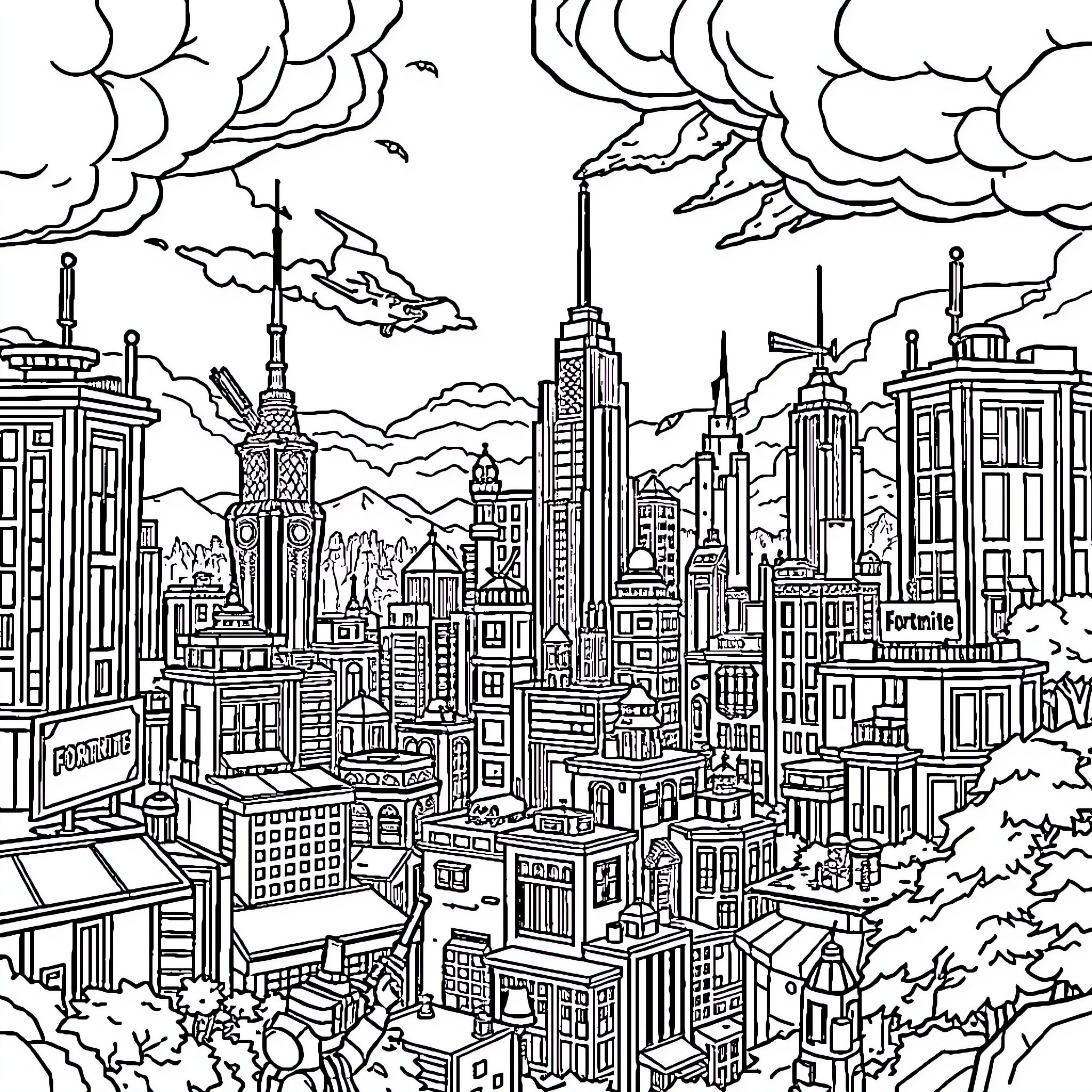 Fortnite-inspired cityscape with towers and buildings Coloring Page (free black-and-white line drawing printable PDF for all, from beginners to advanced learners, including children, teens, adults, and seniors)
