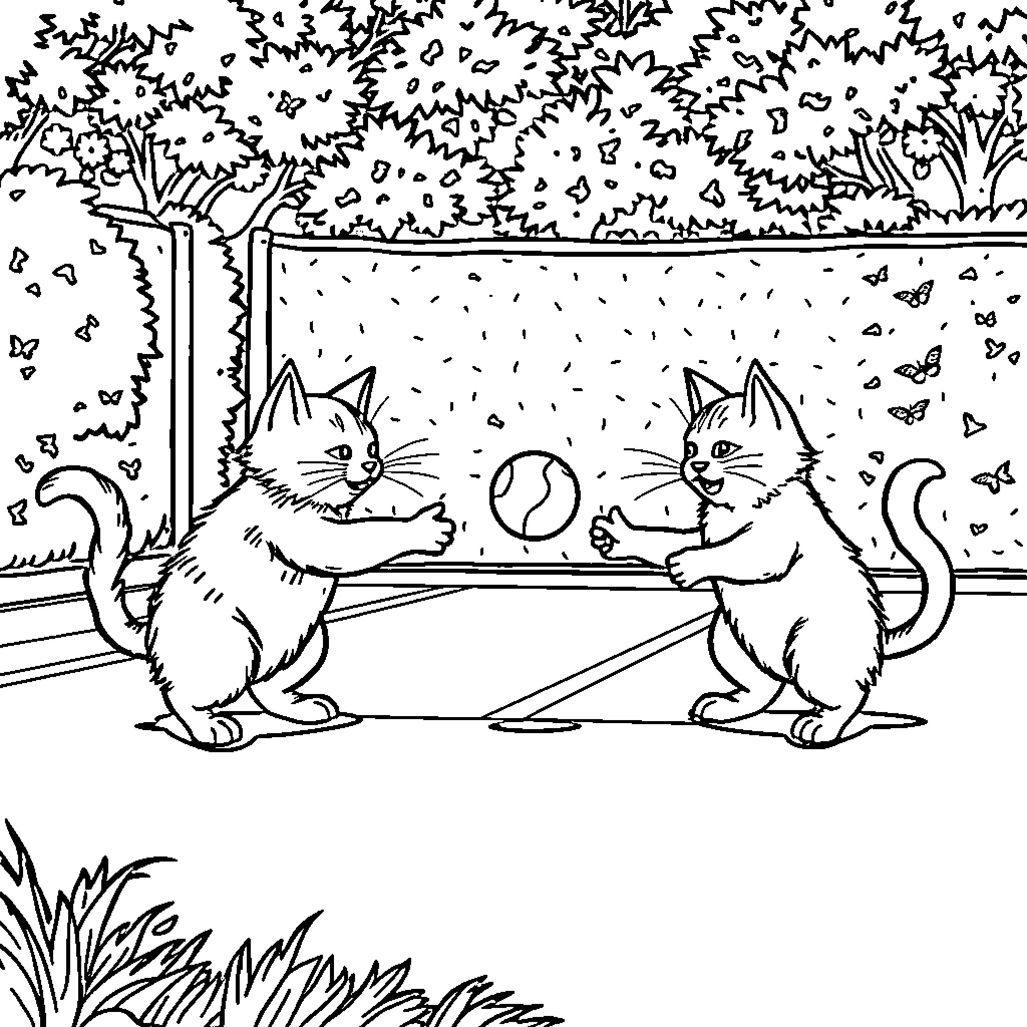 Cats playing with ball in backyard Coloring Page (free black-and-white line drawing printable PDF for all, from beginners to advanced learners, including children, teens, adults, and seniors)