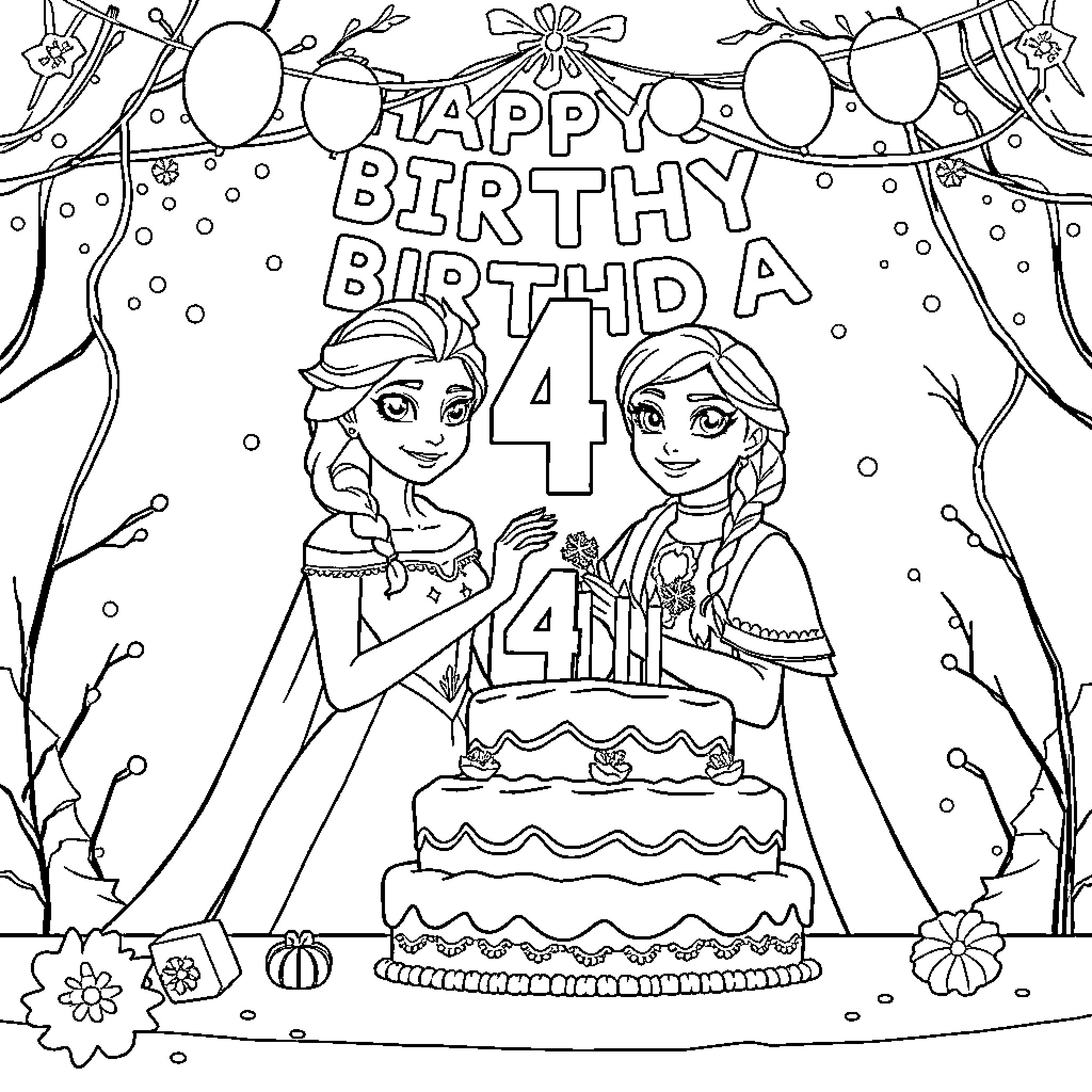 Elsa and Anna celebrating a Happy Birthday together Coloring Page (free black-and-white line drawing printable PDF for all, from beginners to advanced learners, including children, teens, adults, and seniors)