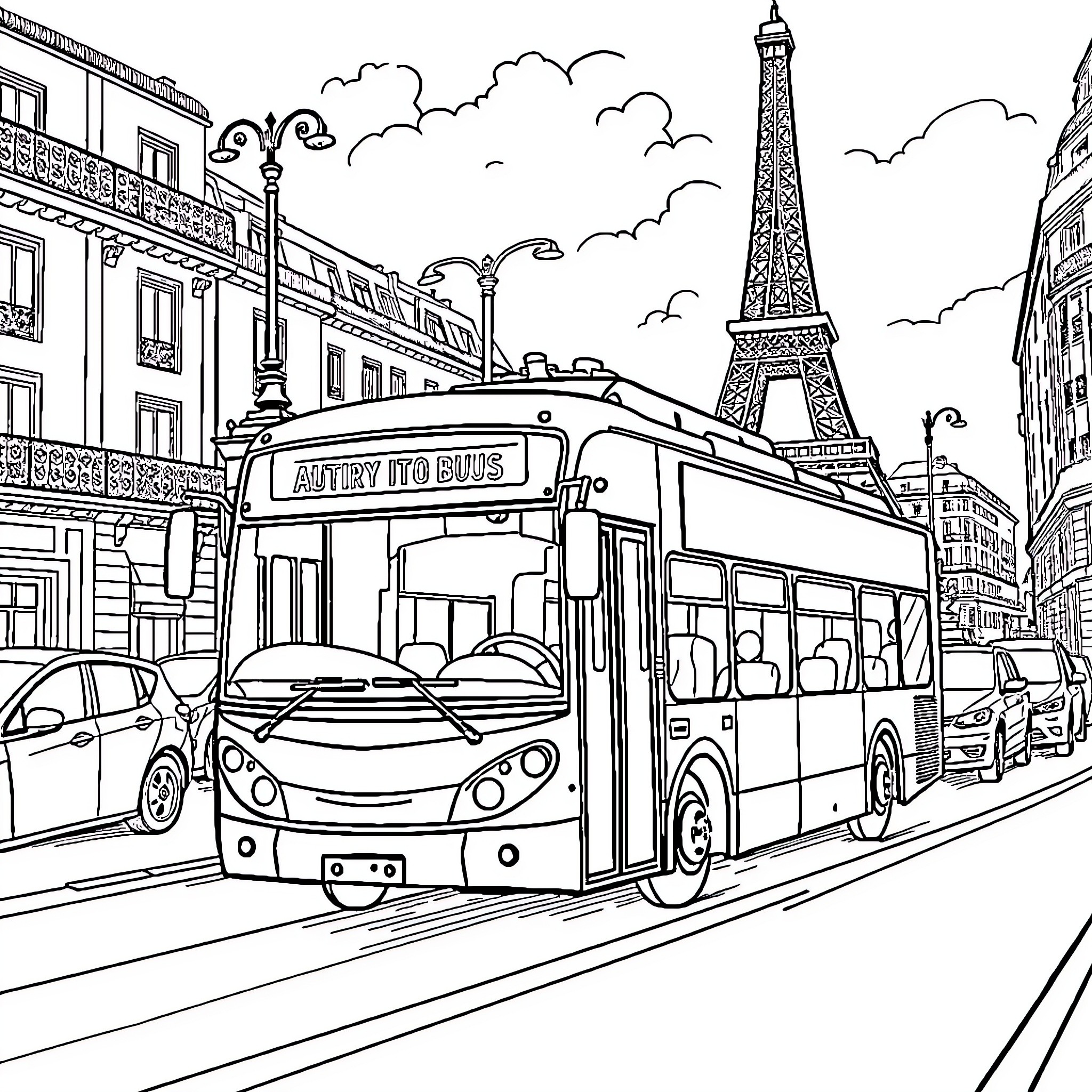 Bus Traveling Through Bustling Parisian Cityscape Coloring Page (free black-and-white line drawing printable PDF for all, from beginners to advanced learners, including children, teens, adults, and seniors)