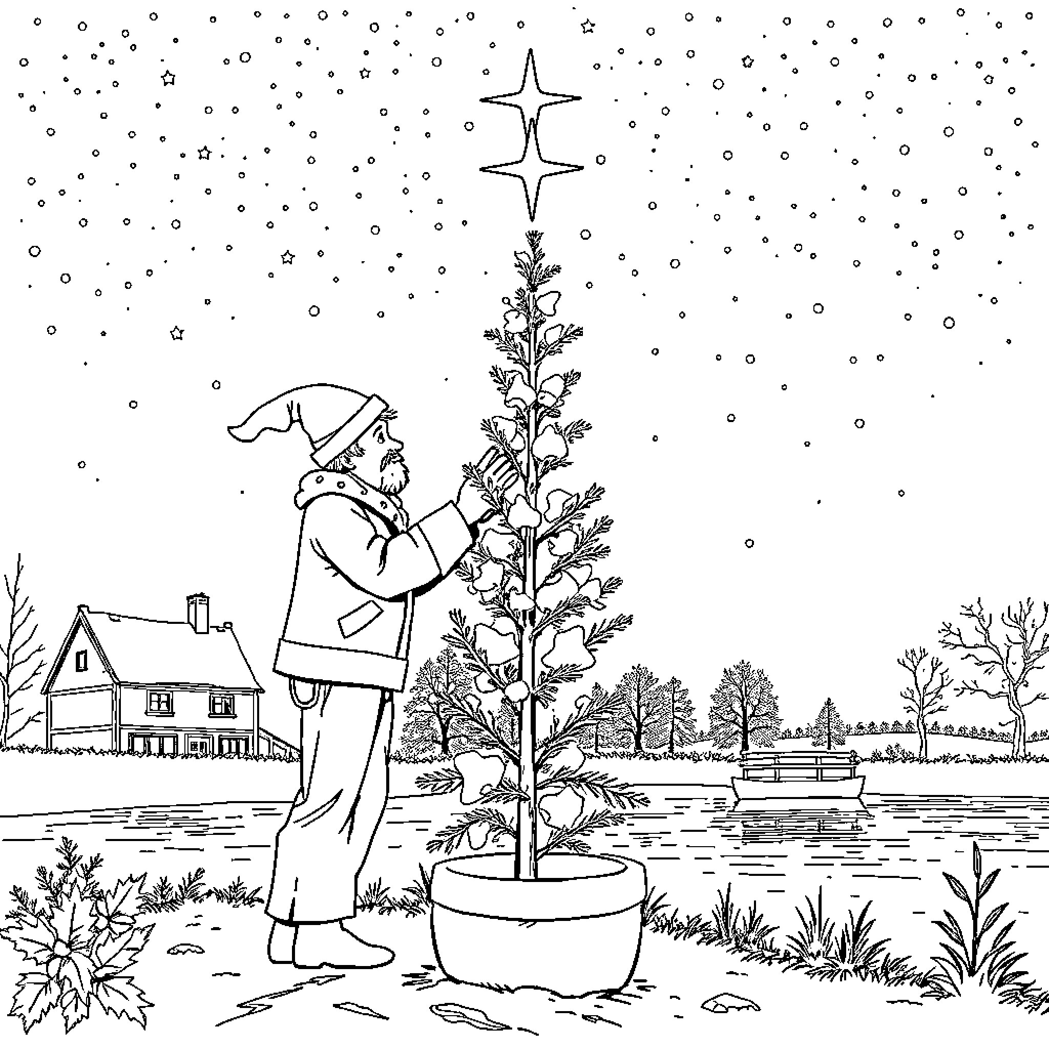 Santa Decorating Christmas Tree in Snowy Landscape Coloring Page (free black-and-white line drawing printable PDF for all, from beginners to advanced learners, including children, teens, adults, and seniors)
