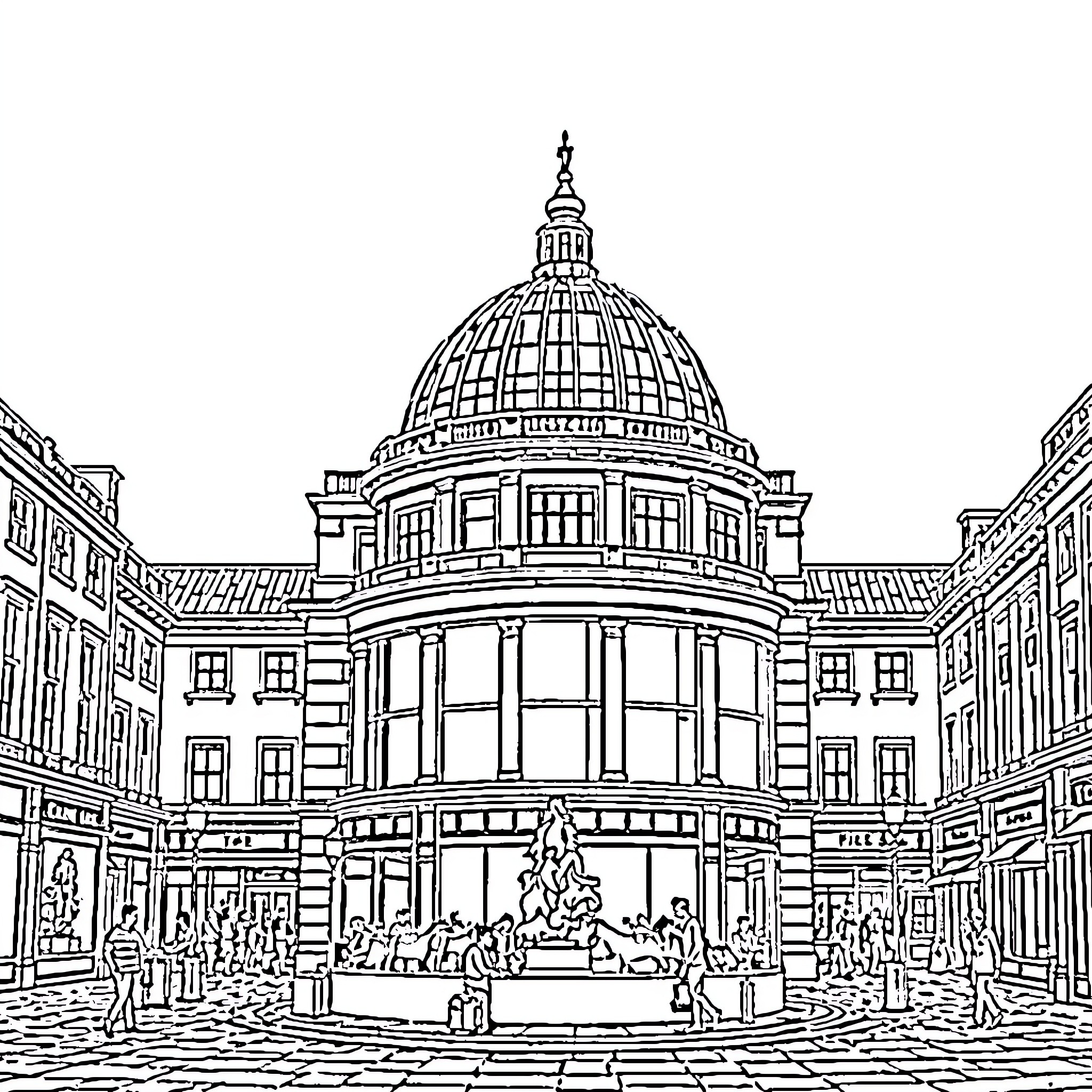 Belfast architectural scene with bustling pedestrian activity Coloring Page (free black-and-white line drawing printable PDF for all, from beginners to advanced learners, including children, teens, adults, and seniors)