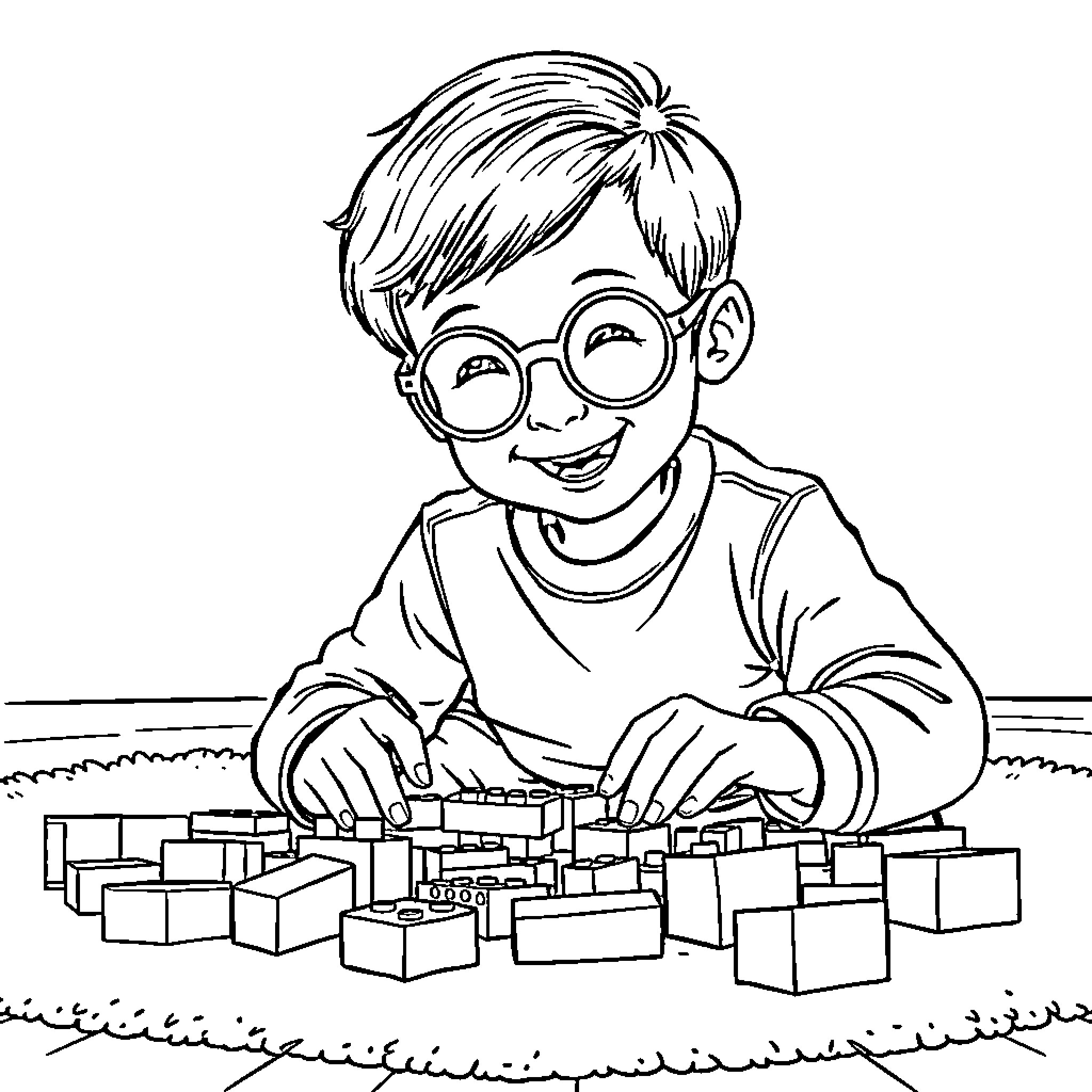 Boy playing joyfully with building blocks Coloring Page (free black-and-white line drawing printable PDF for all, from beginners to advanced learners, including children, teens, adults, and seniors)