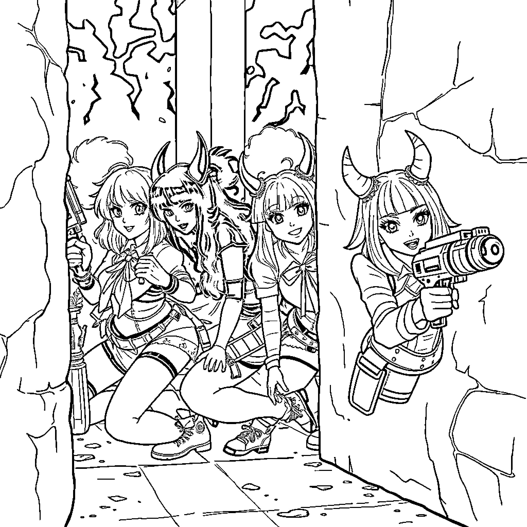Demonhunter Squad on a Mission Coloring Page (free black-and-white line drawing printable PDF for all, from beginners to advanced learners, including children, teens, adults, and seniors)