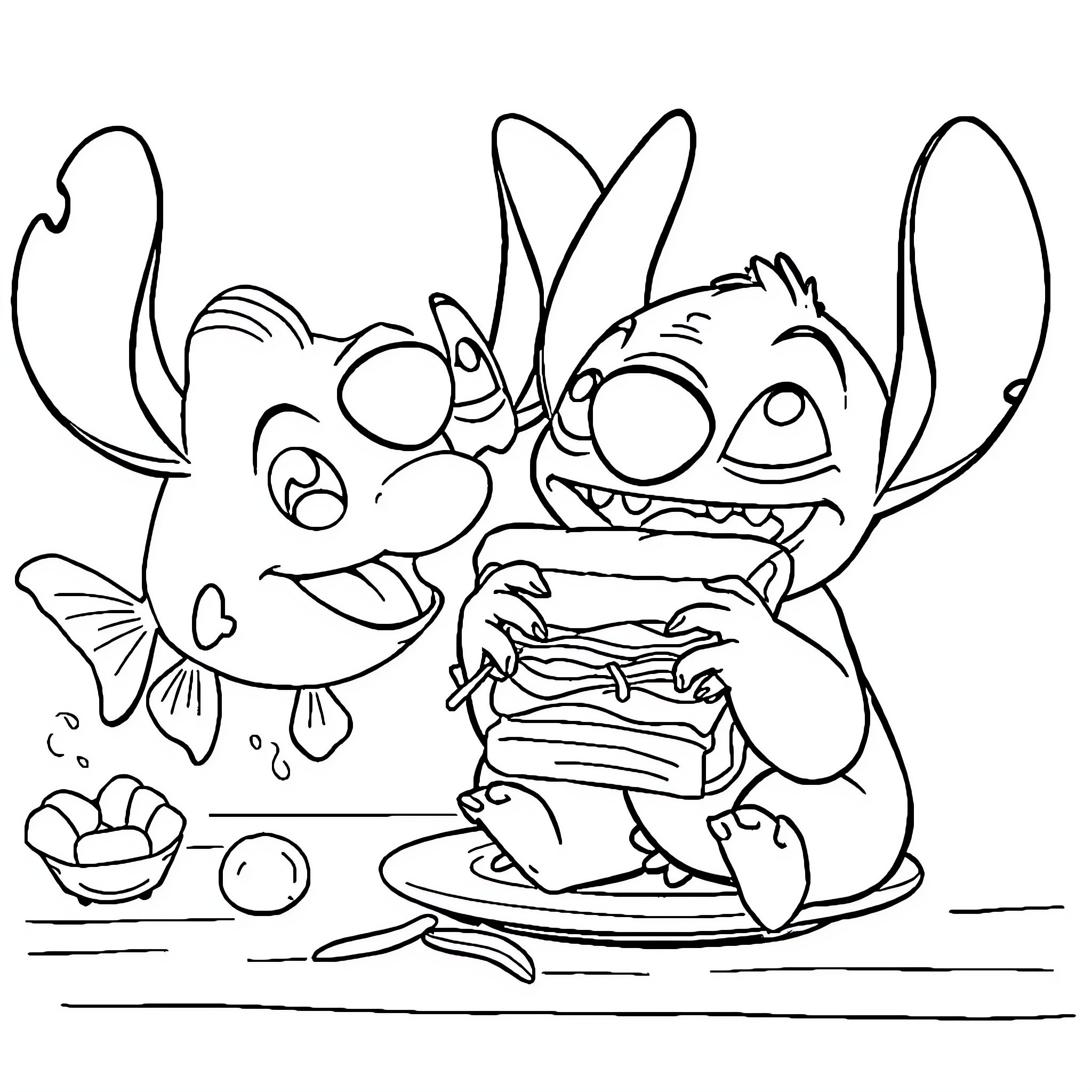 Disney Characters Enjoying Tasty Treats Coloring Page (free black-and-white line drawing printable PDF for all, from beginners to advanced learners, including children, teens, adults, and seniors)