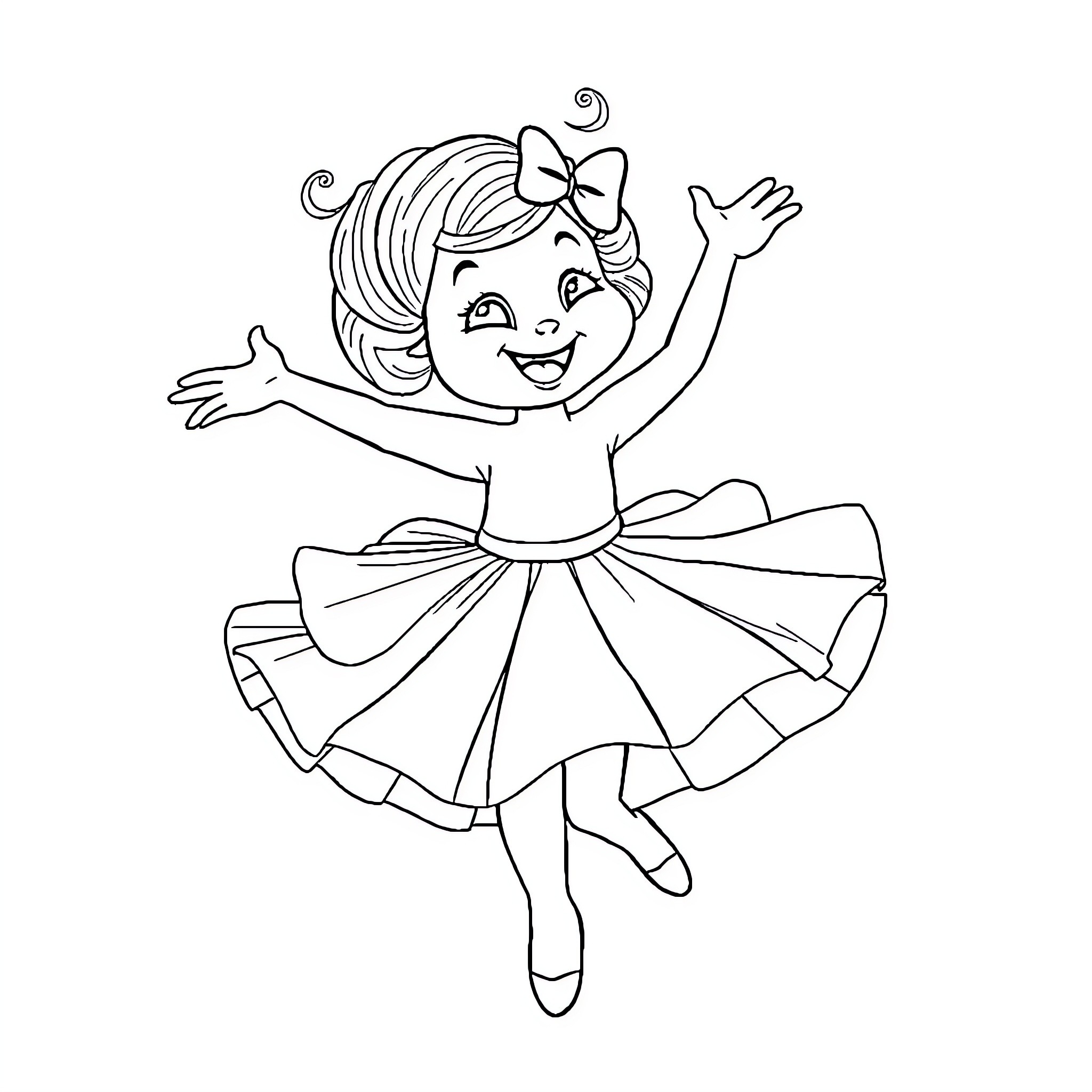 Bluey Happily Dancing in a Dress Coloring Page (free black-and-white line drawing printable PDF for all, from beginners to advanced learners, including children, teens, adults, and seniors)
