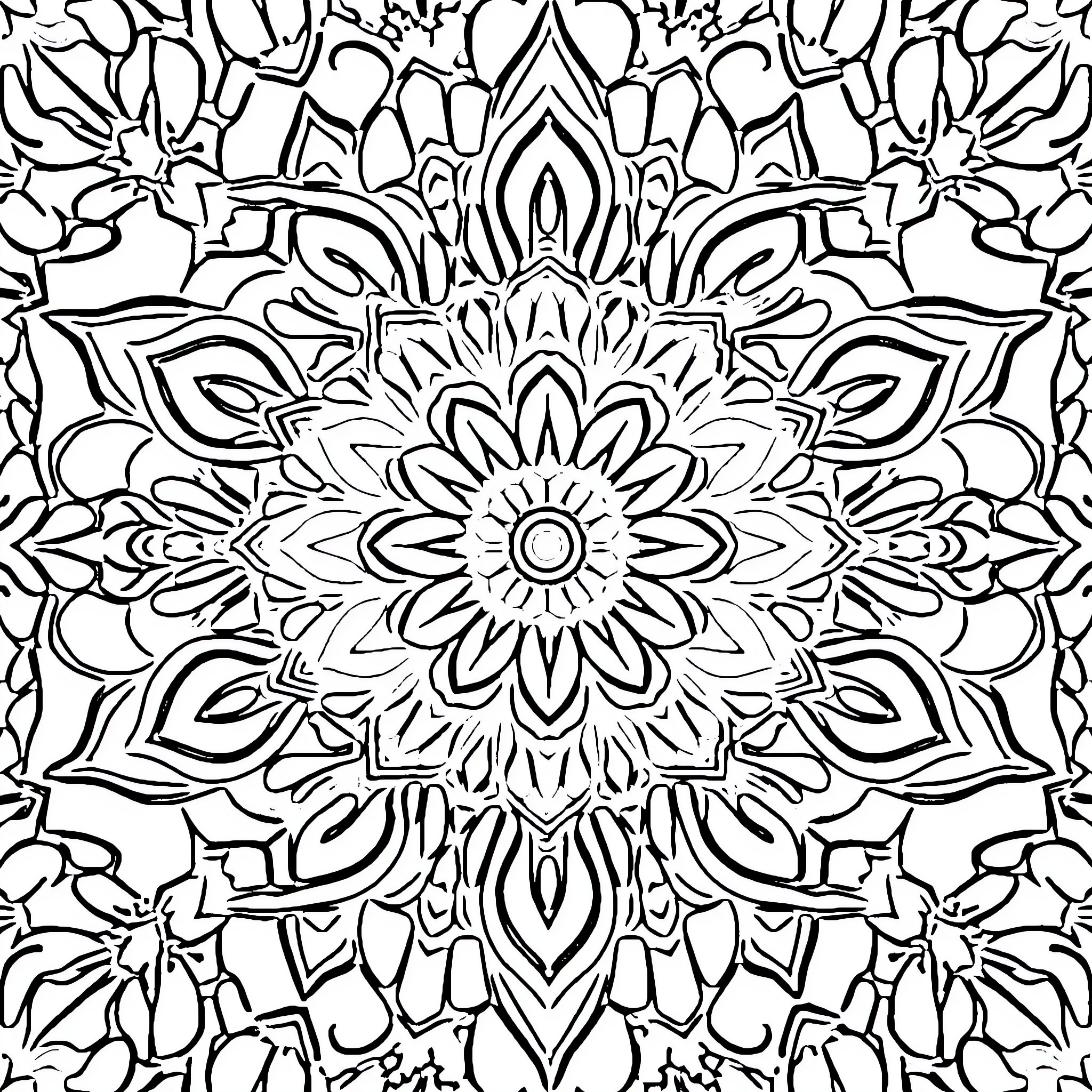 Flower Mandala Pattern Coloring Page (free black-and-white line drawing printable PDF for all, from beginners to advanced learners, including children, teens, adults, and seniors)