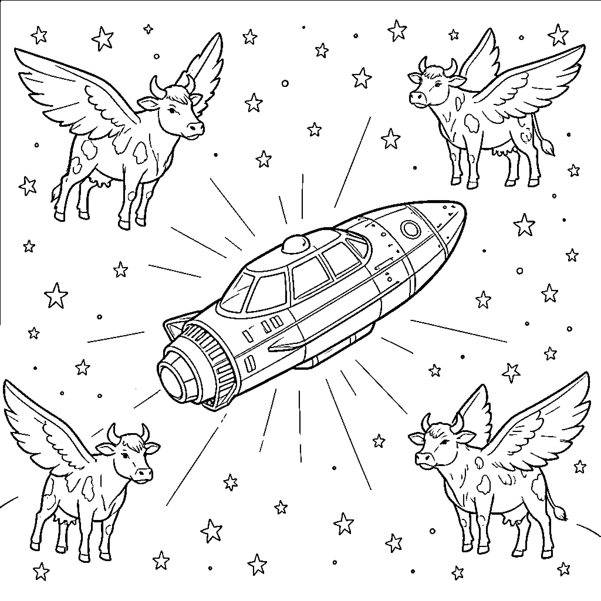 Spacecraft soaring through starry cosmic space Coloring Page (free black-and-white line drawing printable PDF for all, from beginners to advanced learners, including children, teens, adults, and seniors)