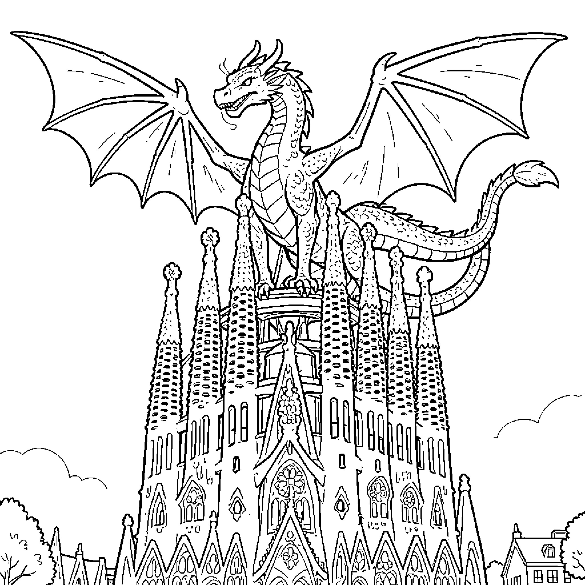 Dragon Soaring over Majestic Fantasy Castle Coloring Page (free black-and-white line drawing printable PDF for all, from beginners to advanced learners, including children, teens, adults, and seniors)