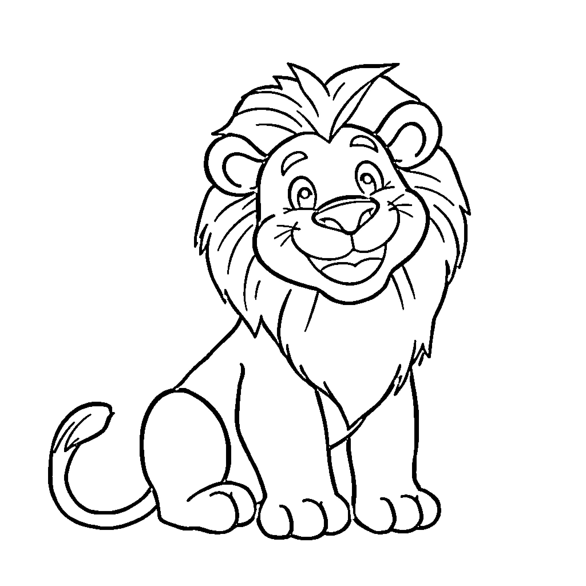 Lion's joyful expression in simple outline Coloring Page (free black-and-white line drawing printable PDF for all, from beginners to advanced learners, including children, teens, adults, and seniors)