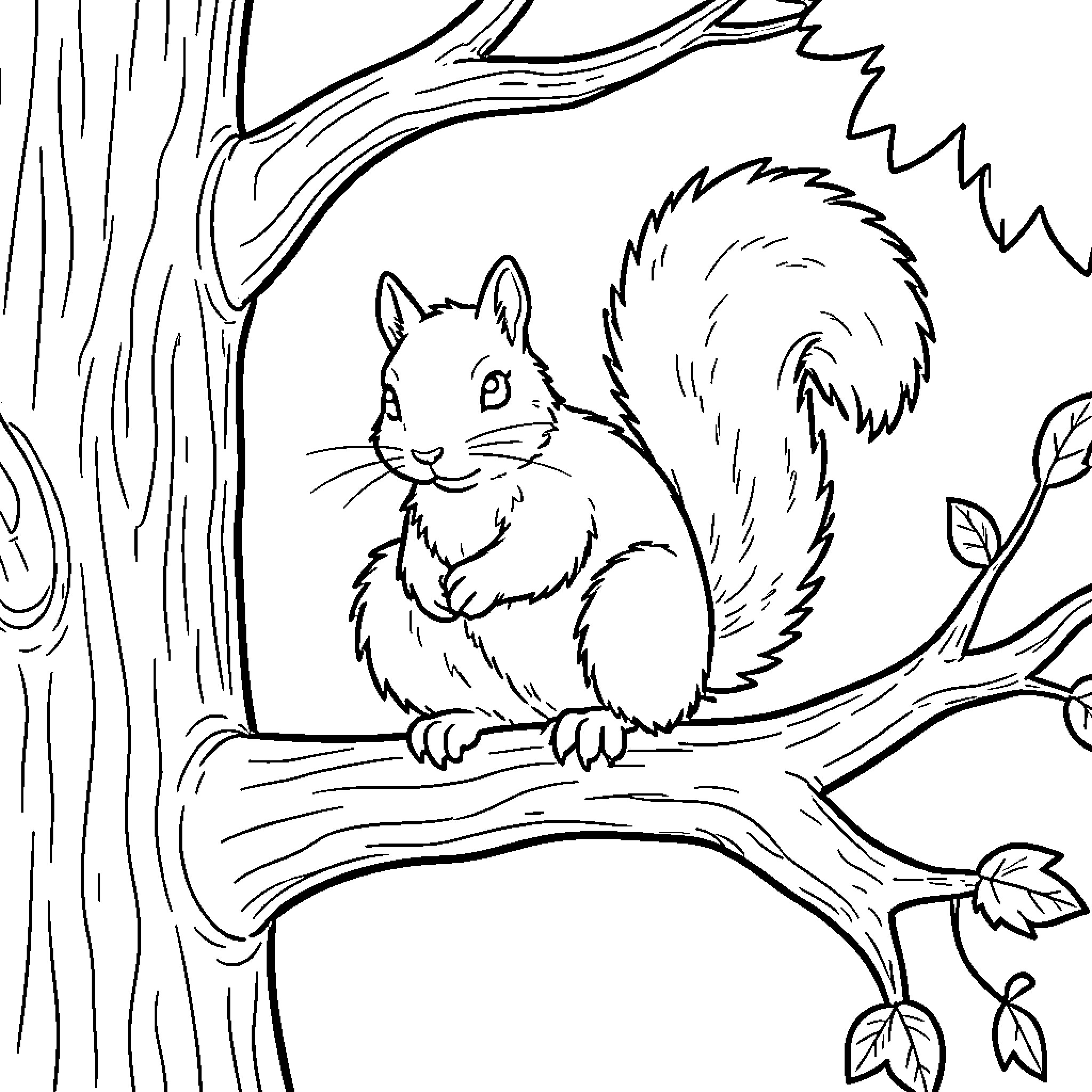 Squirrel perching on a tree branch Coloring Page (free black-and-white line drawing printable PDF for all, from beginners to advanced learners, including children, teens, adults, and seniors)
