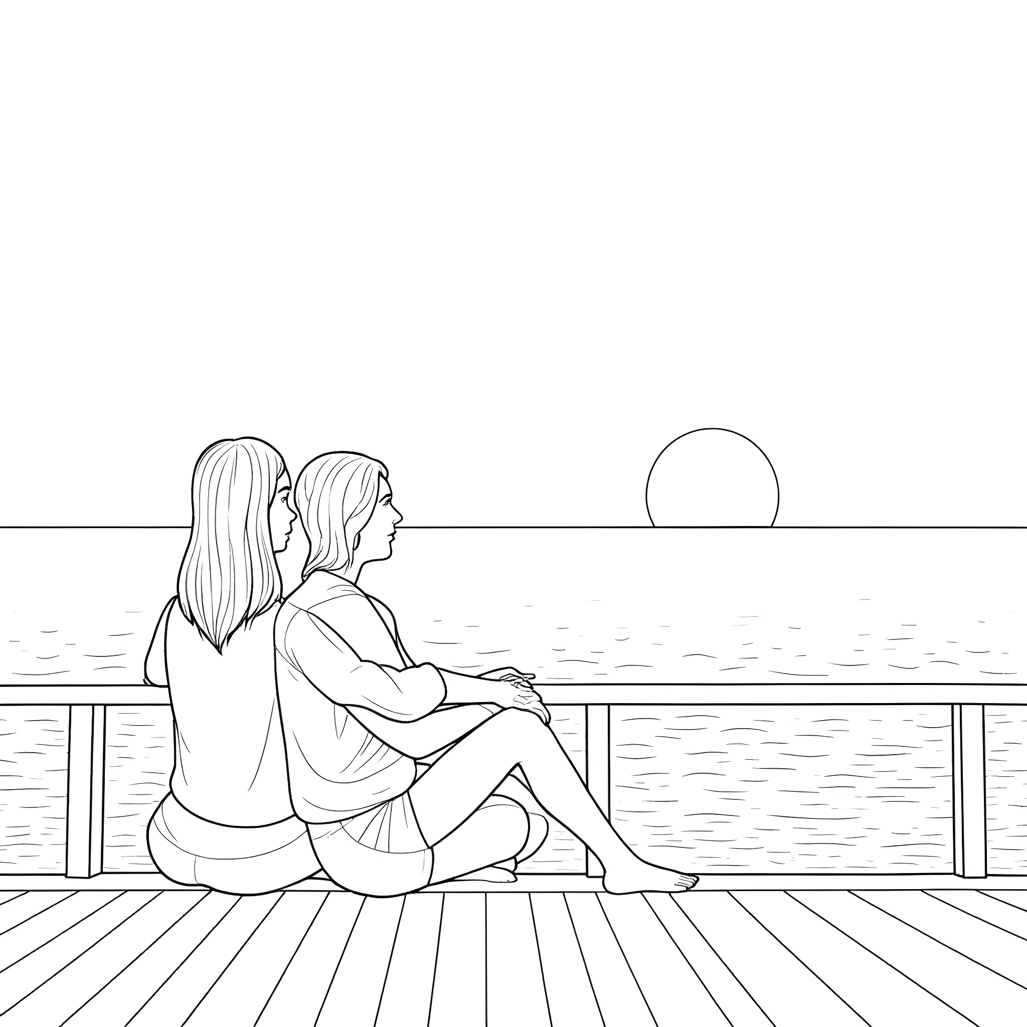 Couple sitting together on the dock watching the sunset Coloring Page (free black-and-white line drawing printable PDF for all, from beginners to advanced learners, including children, teens, adults, and seniors)