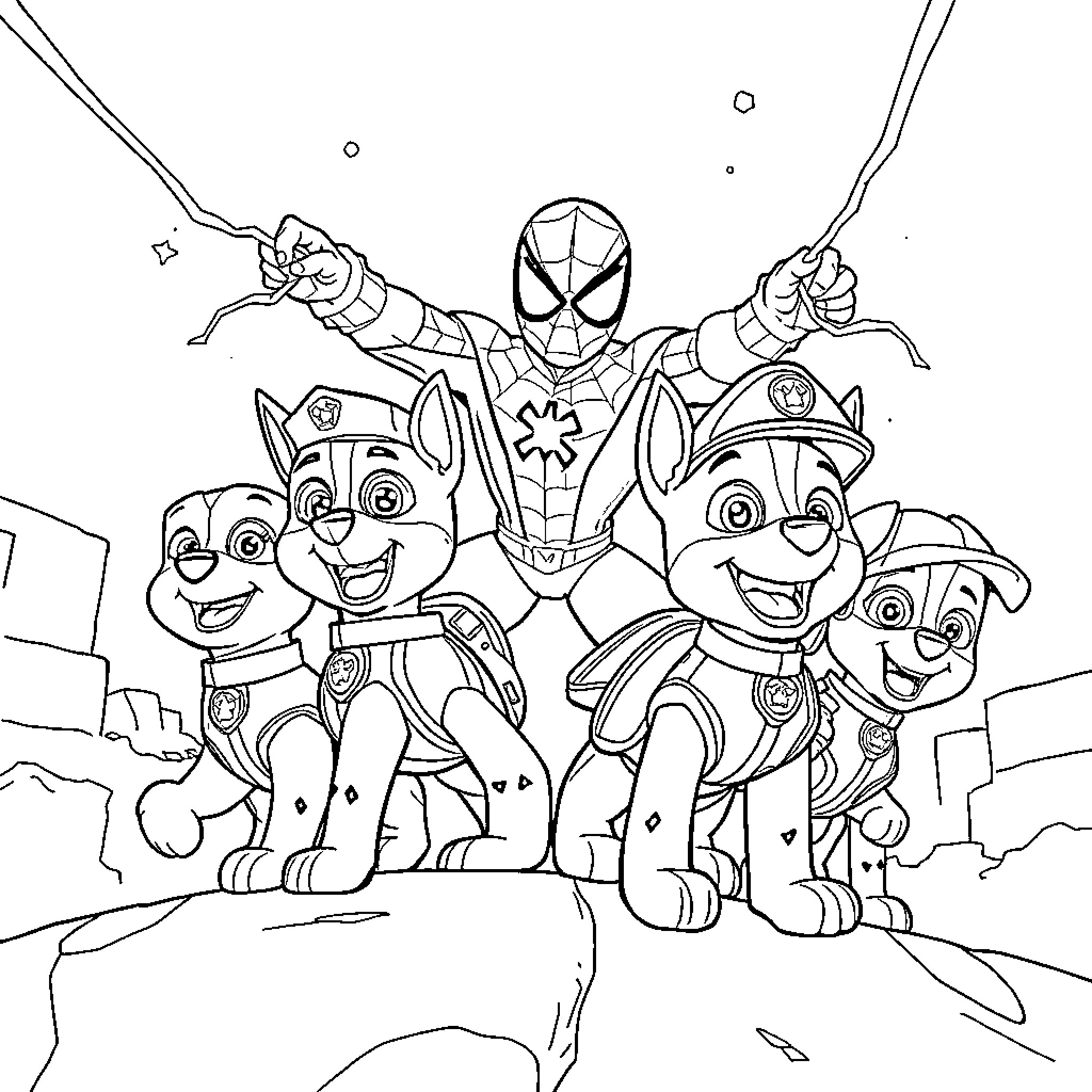 Paw Patrol team up with Spider-Man for adventure Coloring Page (free black-and-white line drawing printable PDF for all, from beginners to advanced learners, including children, teens, adults, and seniors)