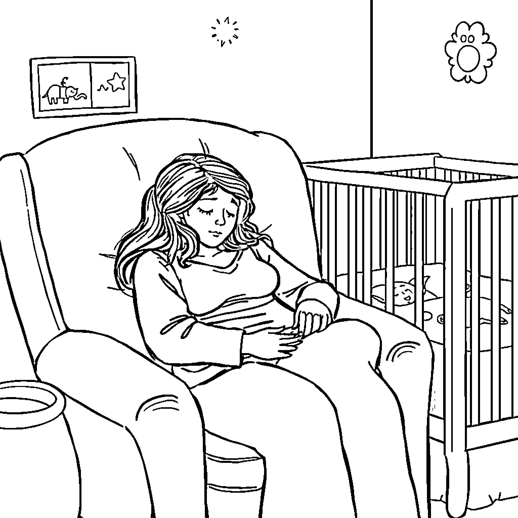 Mom relaxing with newborn baby in nursery Coloring Page (free black-and-white line drawing printable PDF for all, from beginners to advanced learners, including children, teens, adults, and seniors)