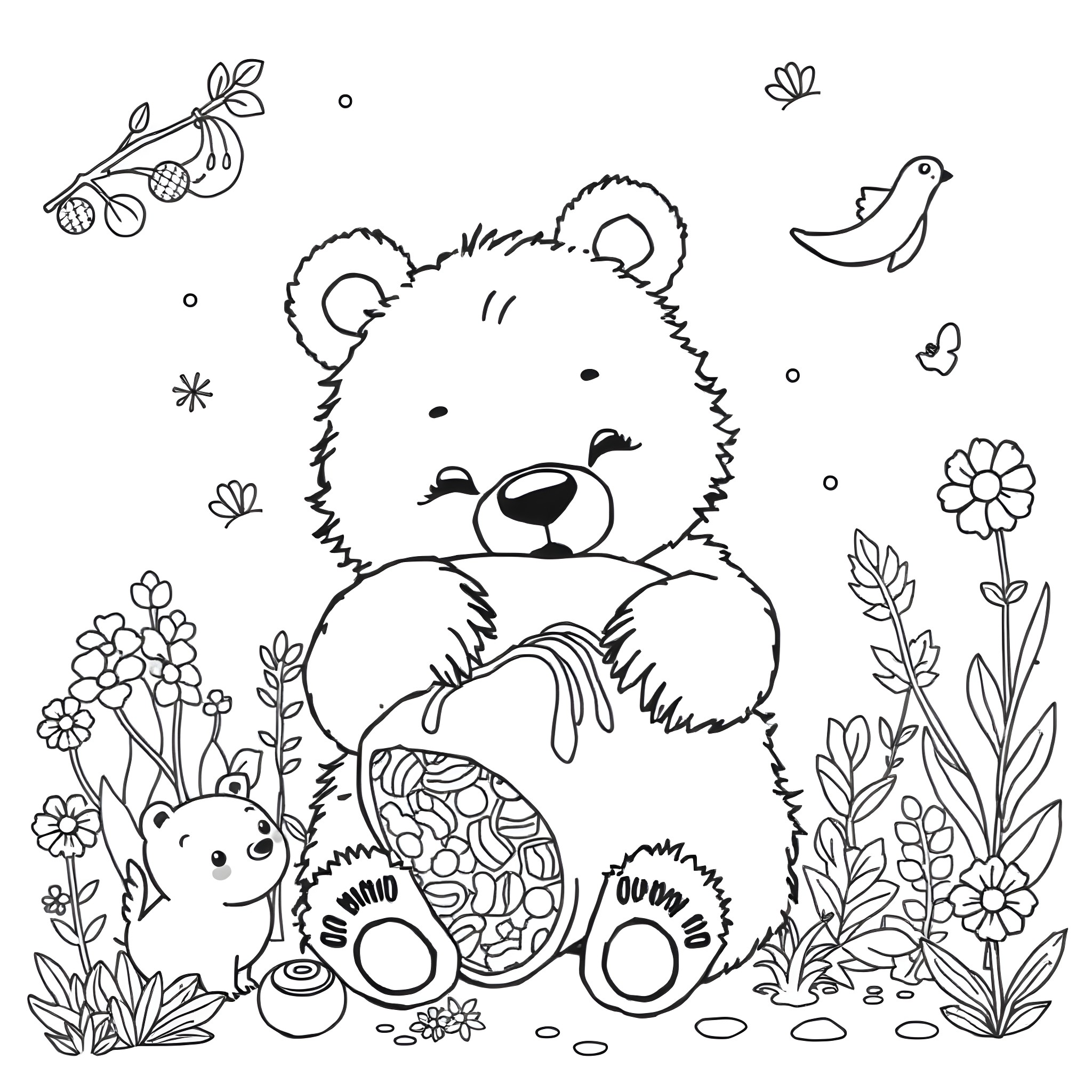 Bear cuddling with a cute animal friend in a floral meadow Coloring Page (free black-and-white line drawing printable PDF for all, from beginners to advanced learners, including children, teens, adults, and seniors)