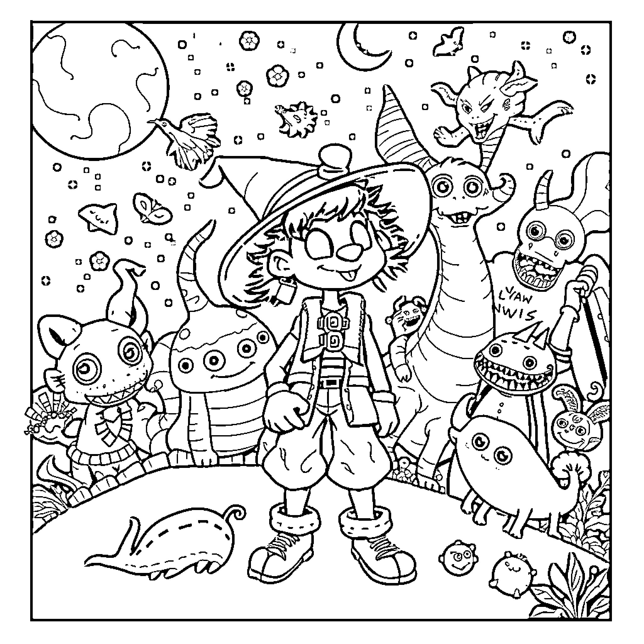 Dandy Troll Amongst Whimsical Creatures Coloring Page (free black-and-white line drawing printable PDF for all, from beginners to advanced learners, including children, teens, adults, and seniors)