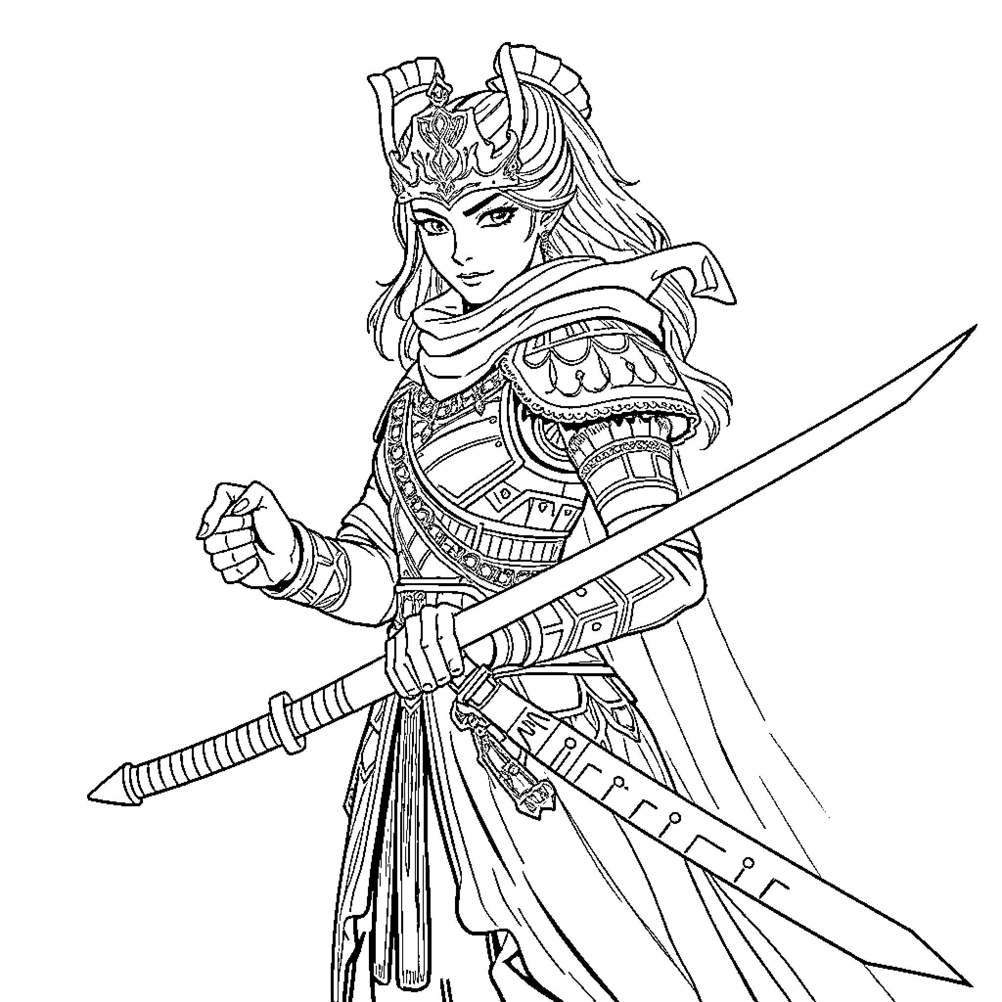 Snow Queen Warrior Wielding Sword in Regal Attire Coloring Page (free black-and-white line drawing printable PDF for all, from beginners to advanced learners, including children, teens, adults, and seniors)