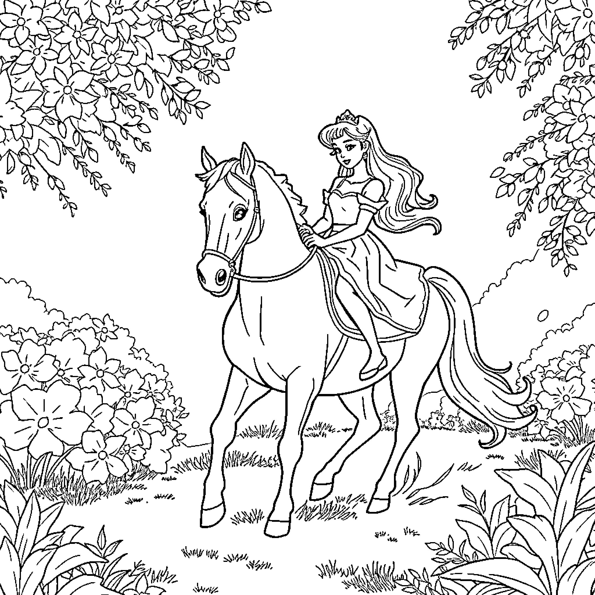 Princess riding a majestic horse in a lush floral garden Coloring Page (free black-and-white line drawing printable PDF for all, from beginners to advanced learners, including children, teens, adults, and seniors)